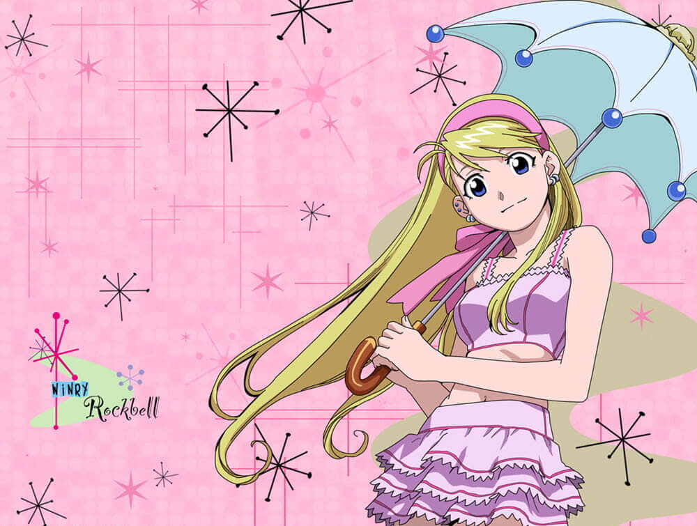 Winry Rockbell, blue umbrella, pink retro starburst background, SD Desktop Wallpaper