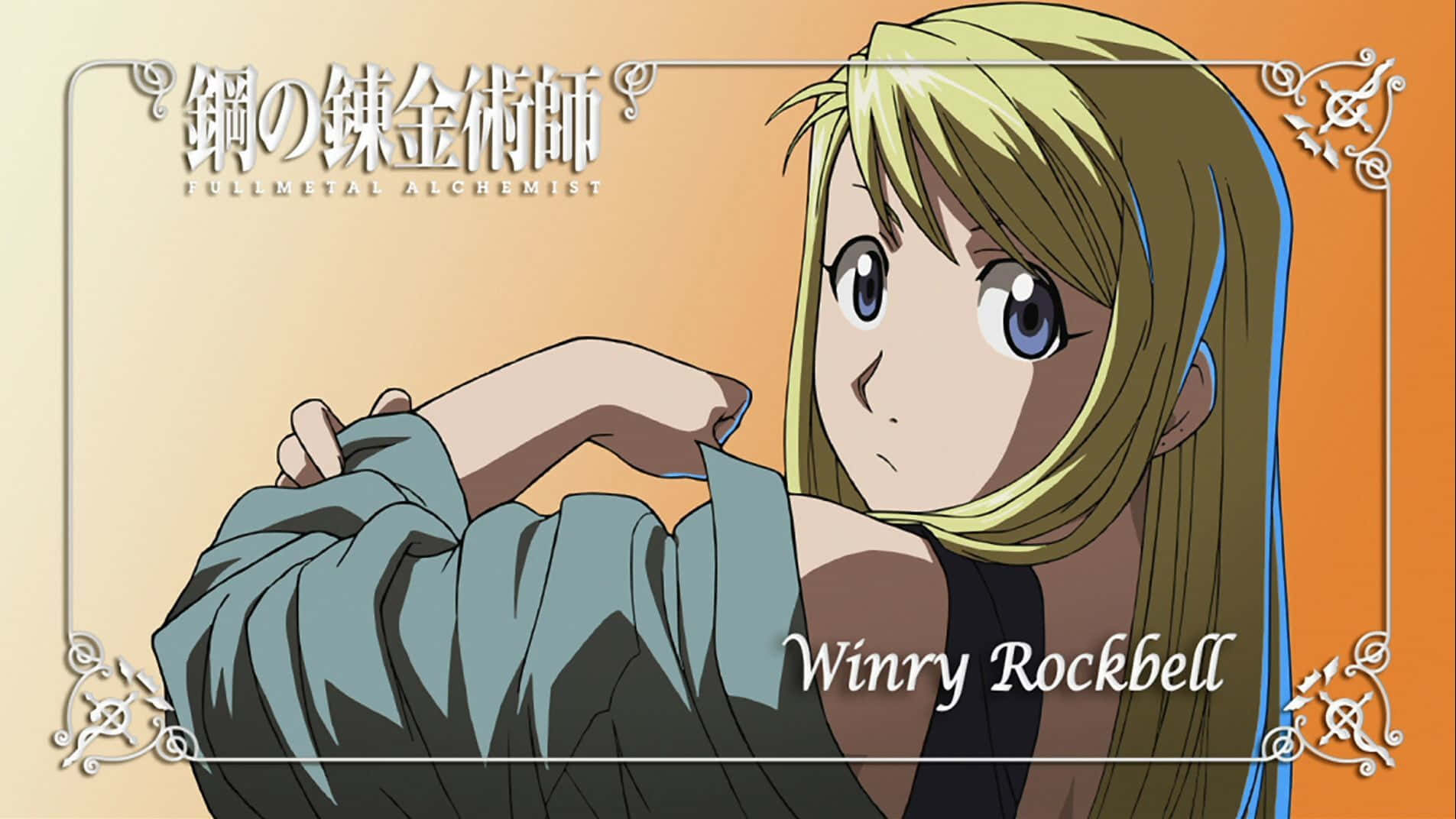 Winry Rockbell, mechanical workshop, warm orange gradient background, HD Desktop Wallpaper