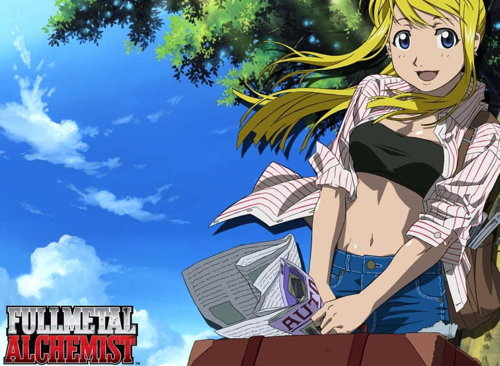 Winry Rockbell, long blonde hair, bright blue sky, SD Desktop Wallpaper