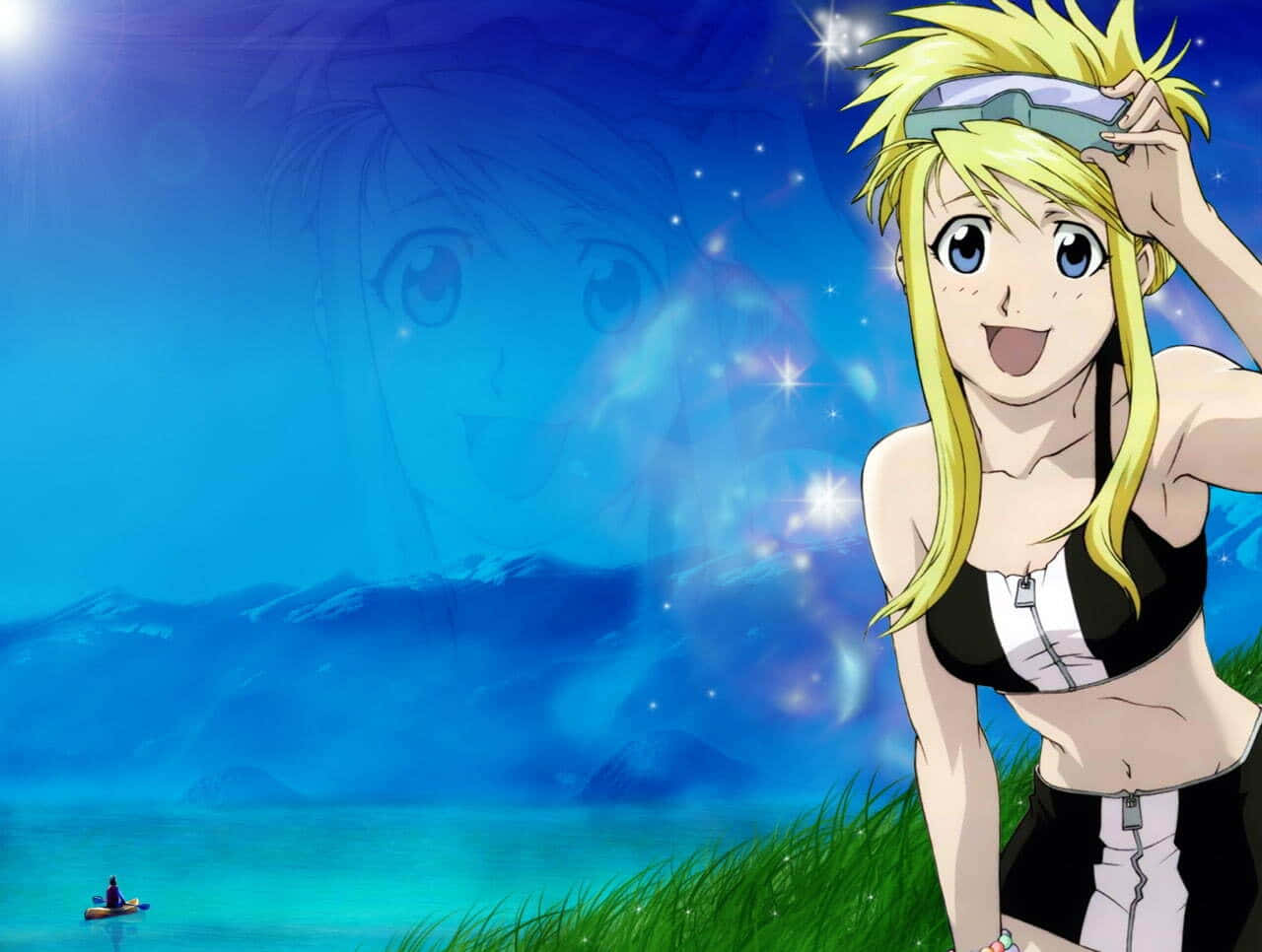 Winry Rockbell, glowing blue lake, starry night sky, HD Desktop Wallpaper