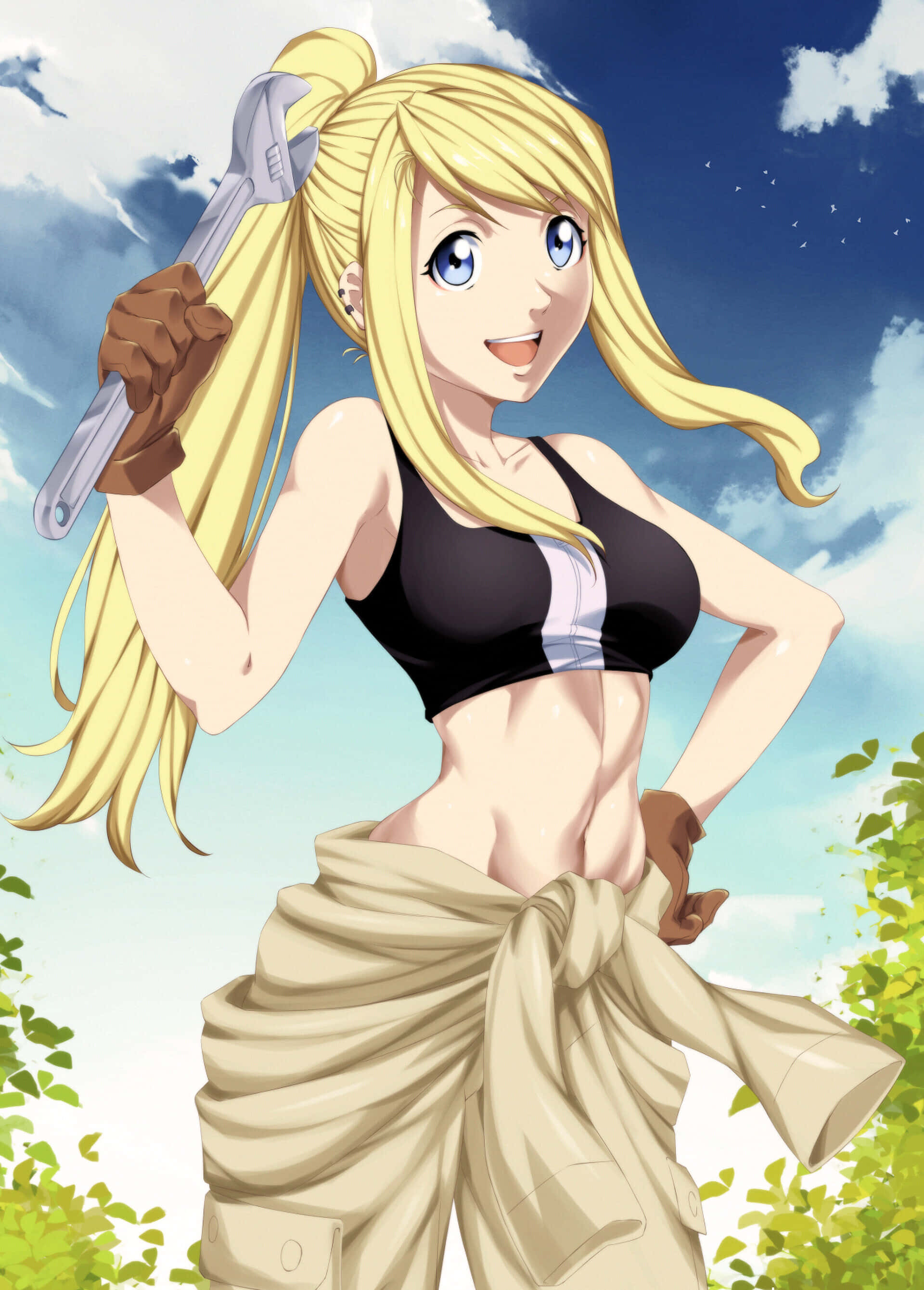 Winry Rockbell, wrench, blonde anime girl, 2K Phone Wallpaper