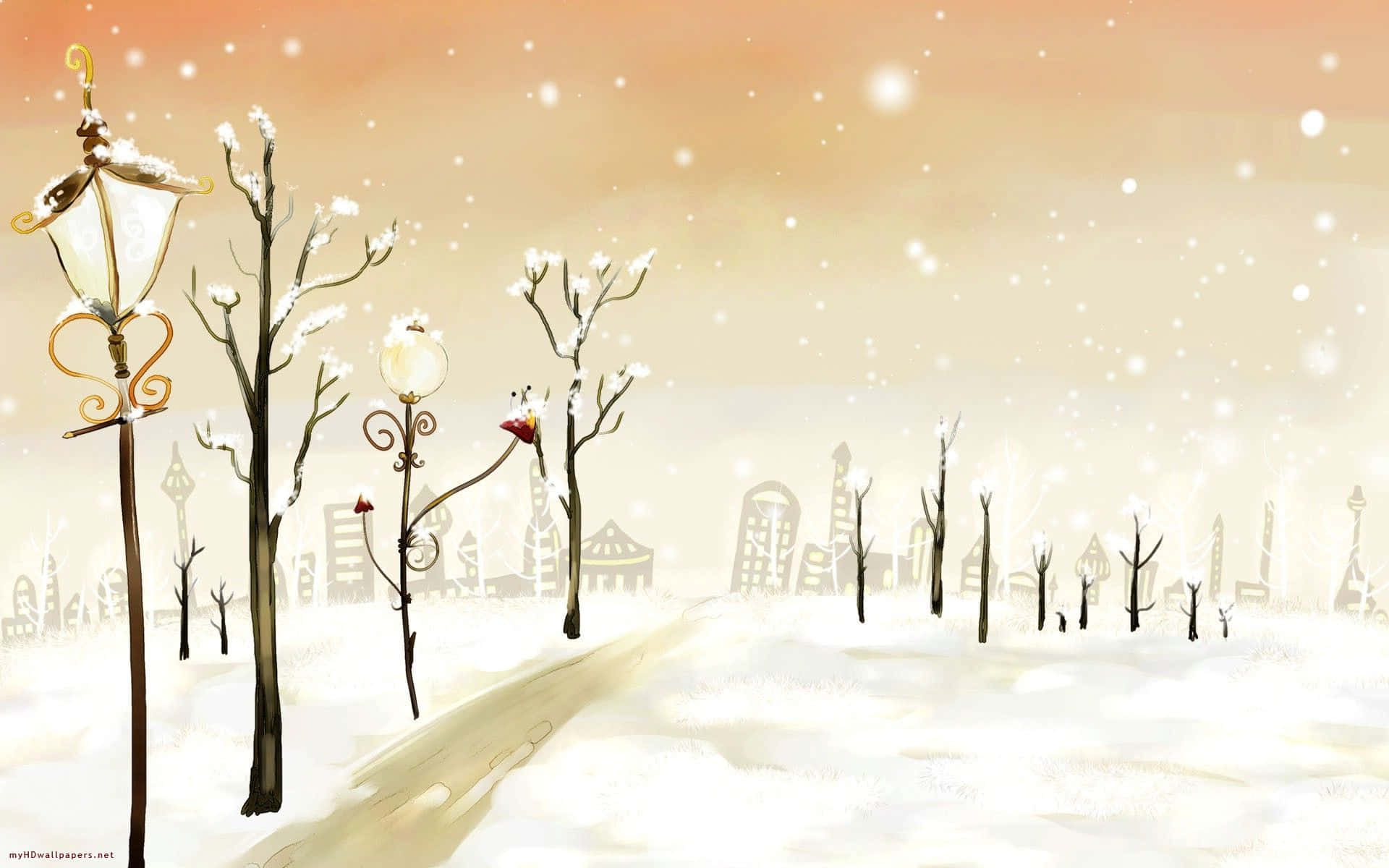 Winter Art, snowy winter scene, ornate street lamps, Full HD Desktop Wallpaper