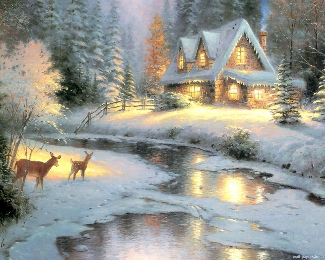 snow-covered stone cottage, dusk, frozen stream, HD Desktop Wallpaper