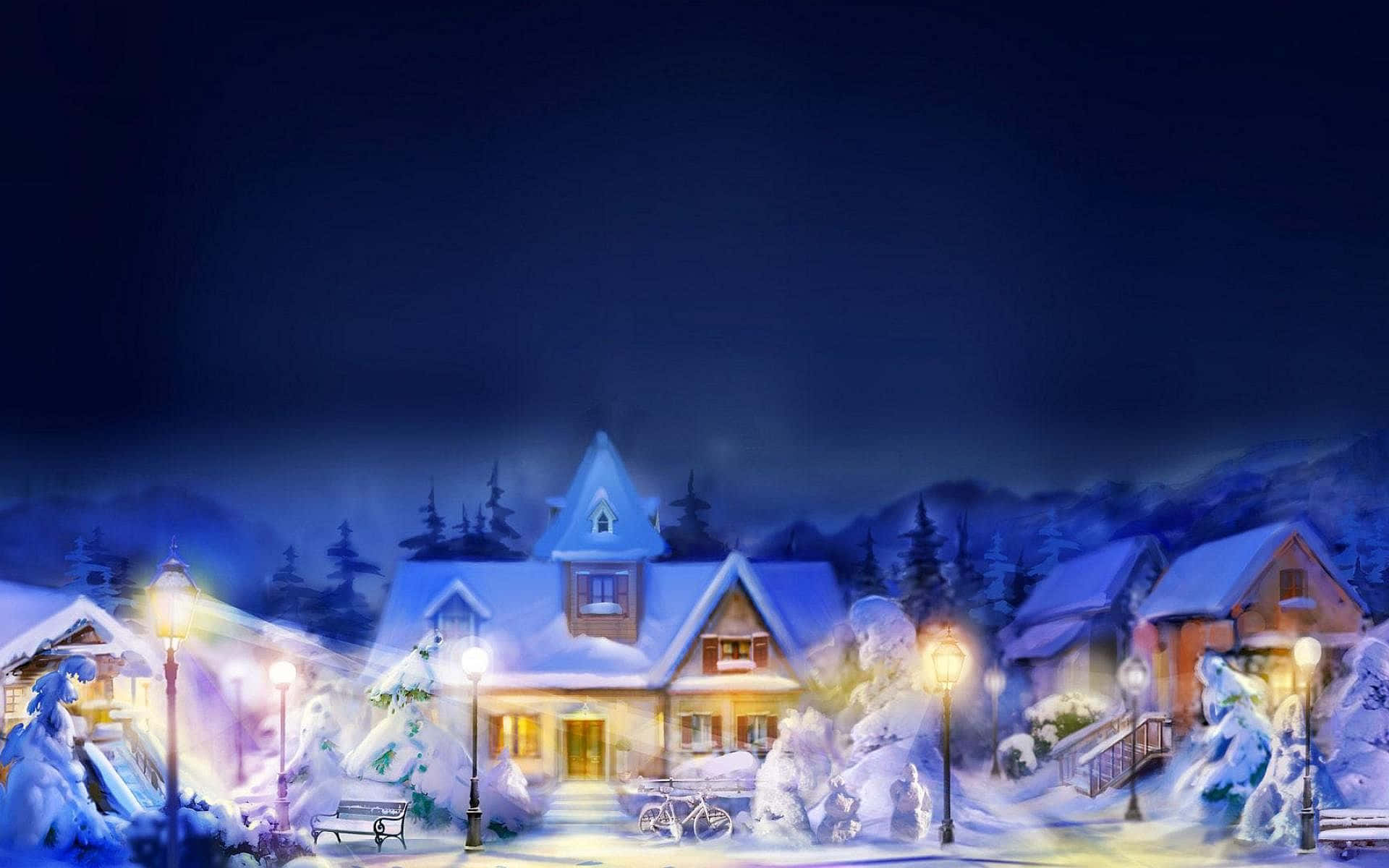 Winter Art, snow-covered village, glowing street lamps, Full HD Desktop Wallpaper