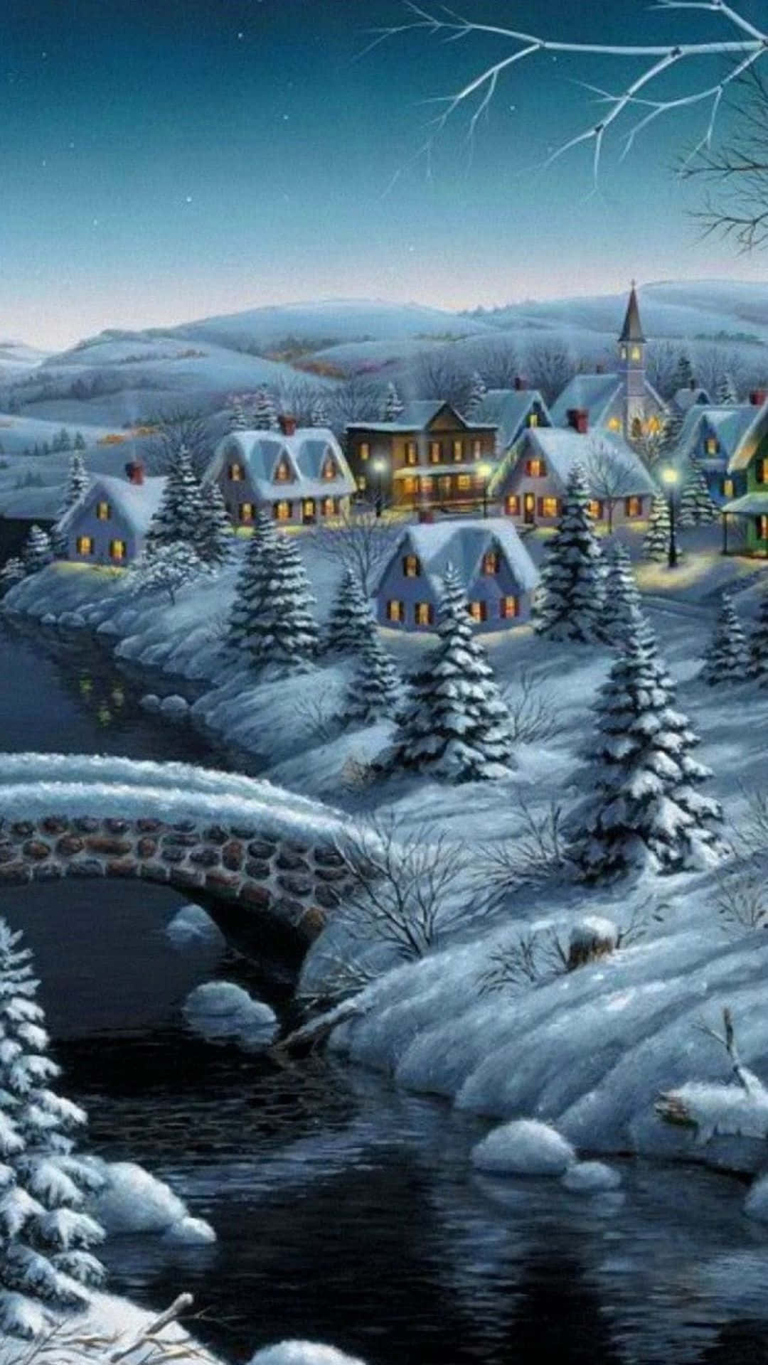 Winter Art, snowy village, winter hills, Full HD Phone Wallpaper
