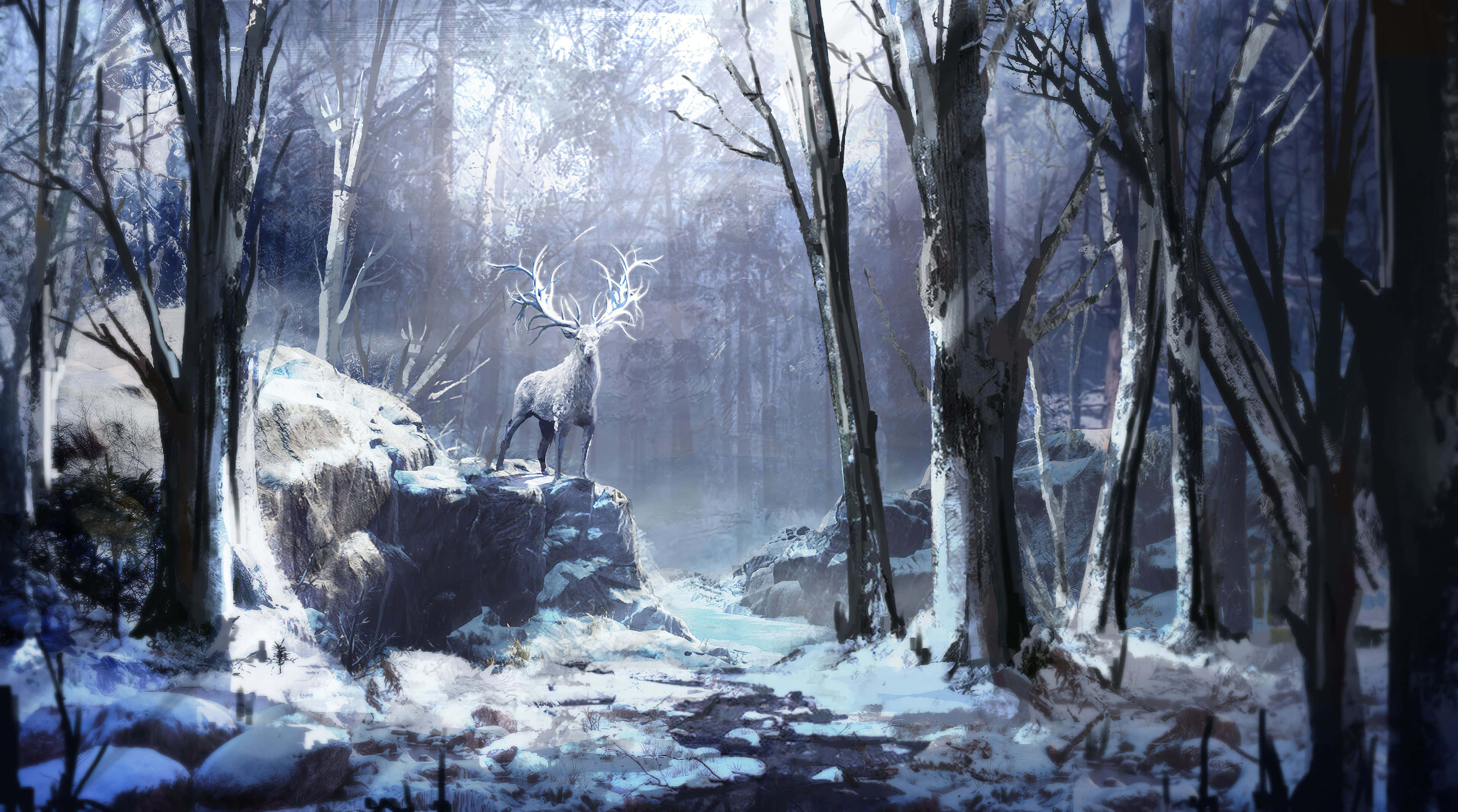 Snowy Winter Wonderland, majestic stag, glowing antlers, 4K Desktop Wallpaper