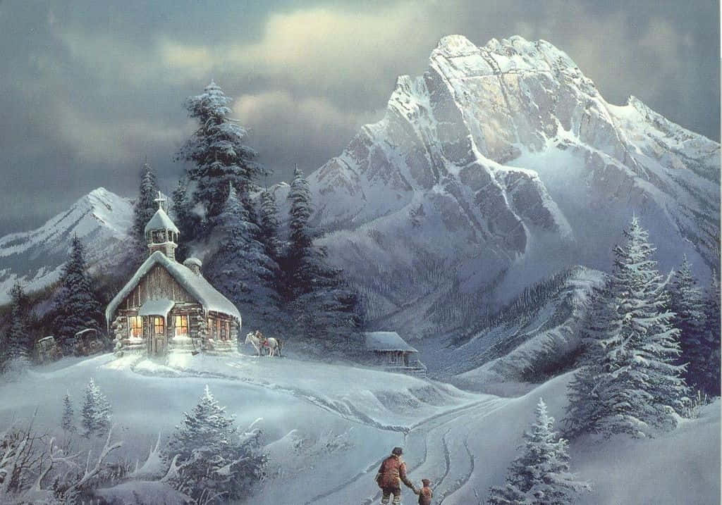 snow-covered chapel, towering mountains, winter forest, SD Desktop Wallpaper
