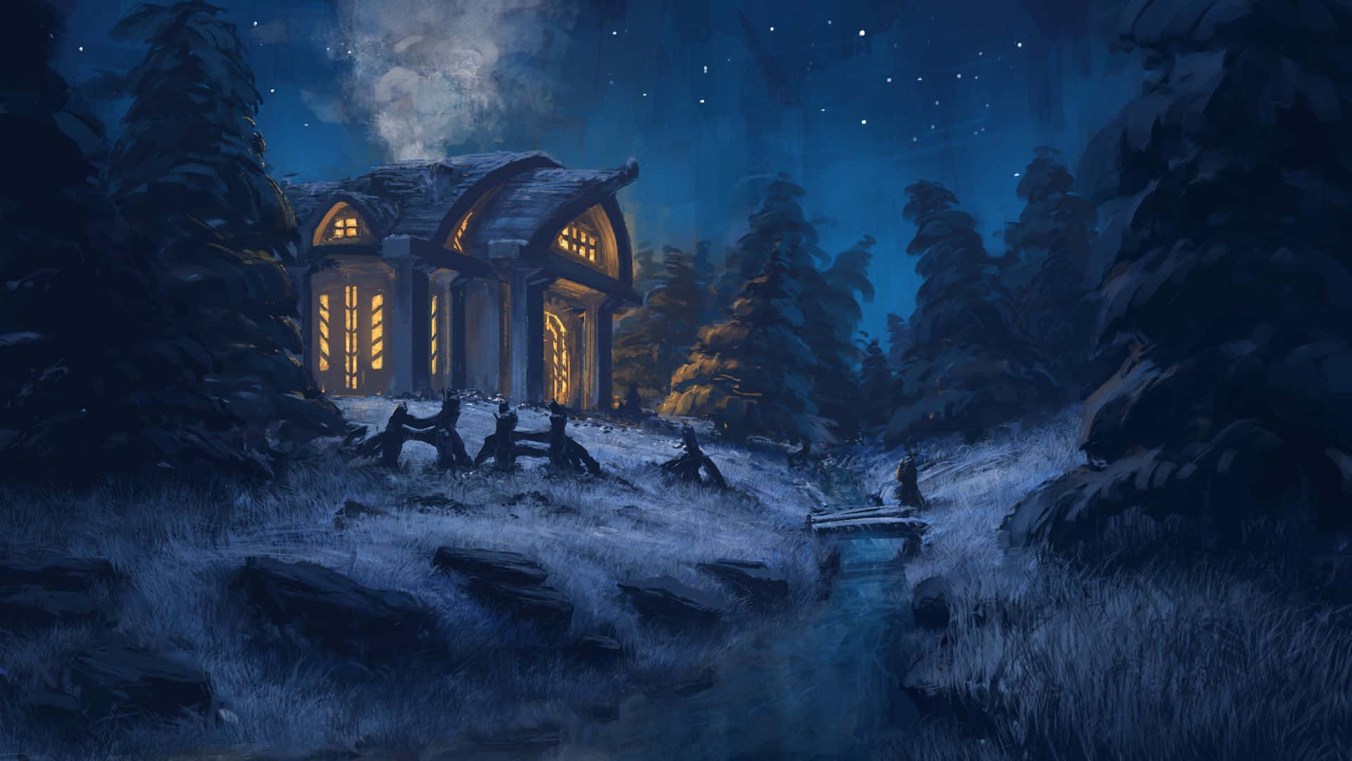 Winter Art, snow-covered village, cozy cabin, Full HD Desktop Wallpaper