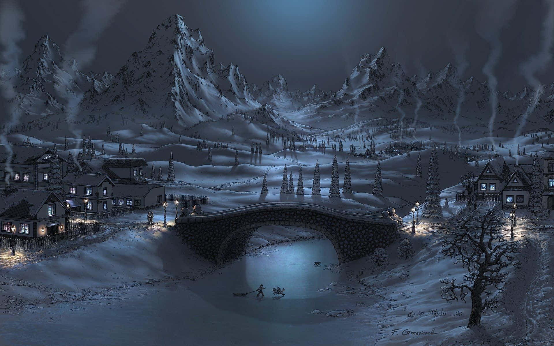 Winter Art, snowy mountain village, glowing windows, Full HD Desktop Wallpaper