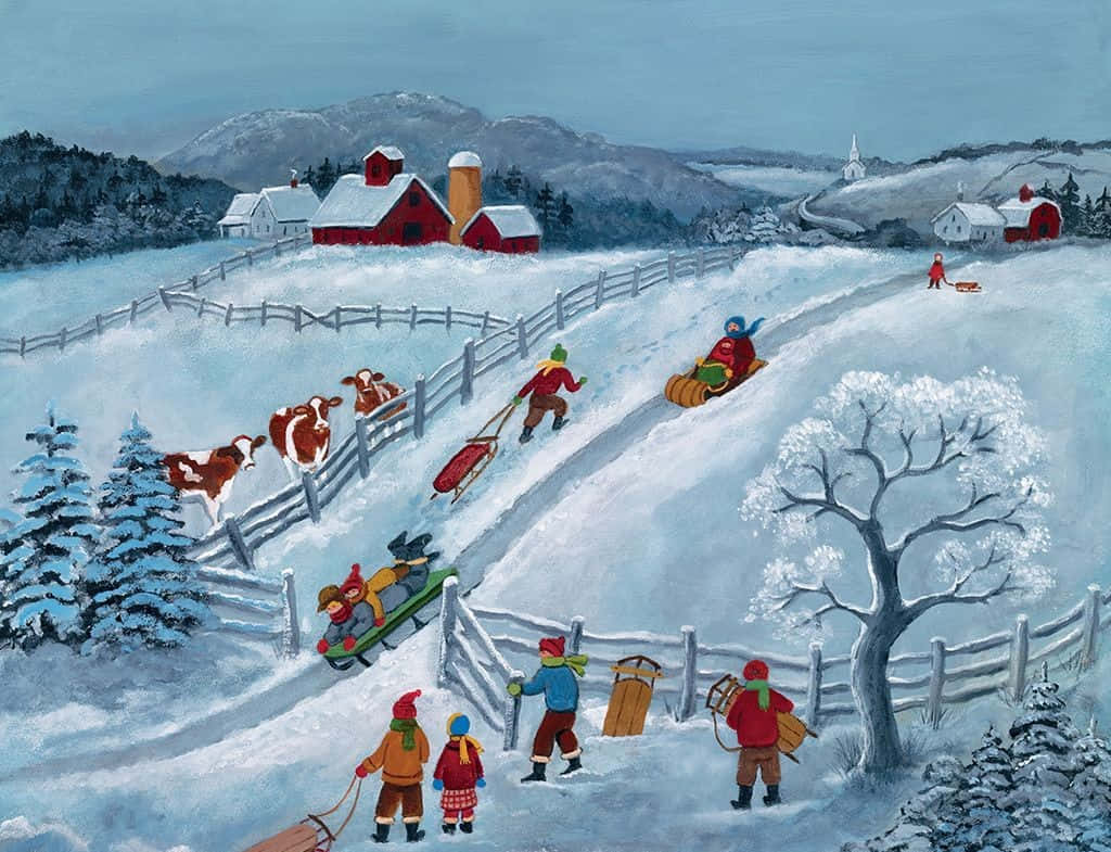 Winter Wonderland Scene, snowy hills, red barn, SD Desktop Wallpaper