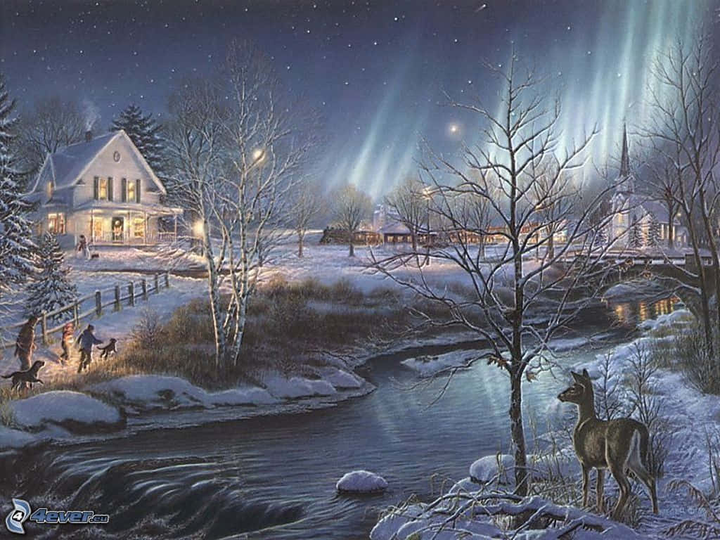 Winter Art, snowy village, night, SD Desktop Wallpaper