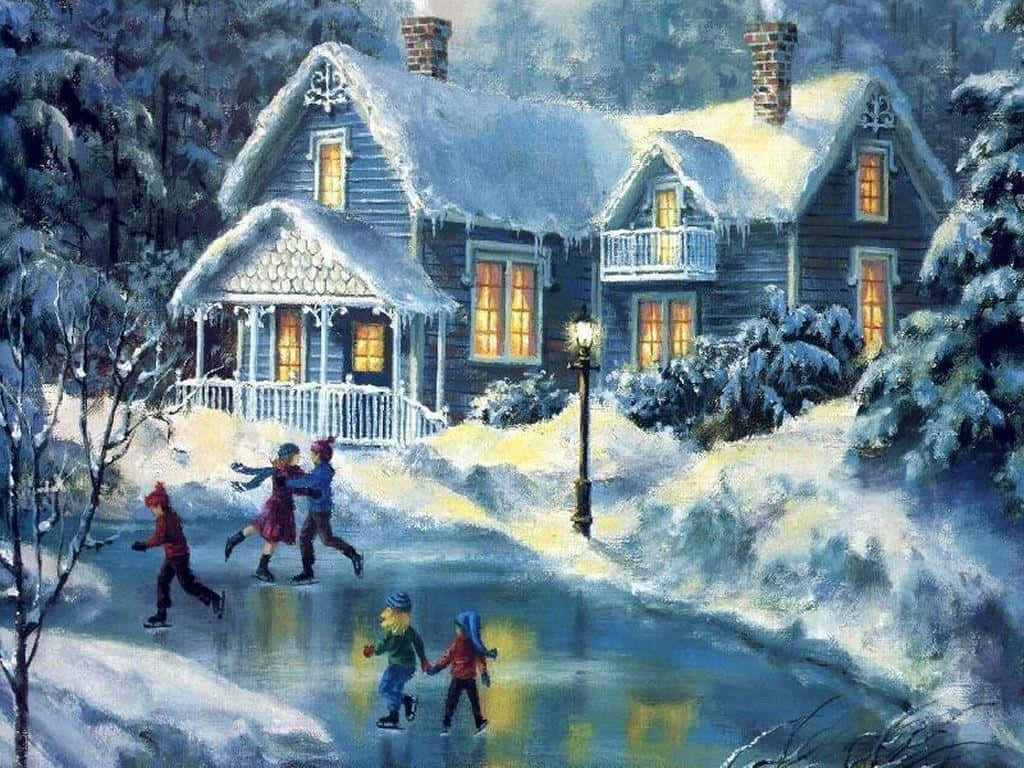 Winter Art, frozen pond, snow-covered cottage, SD Desktop Wallpaper