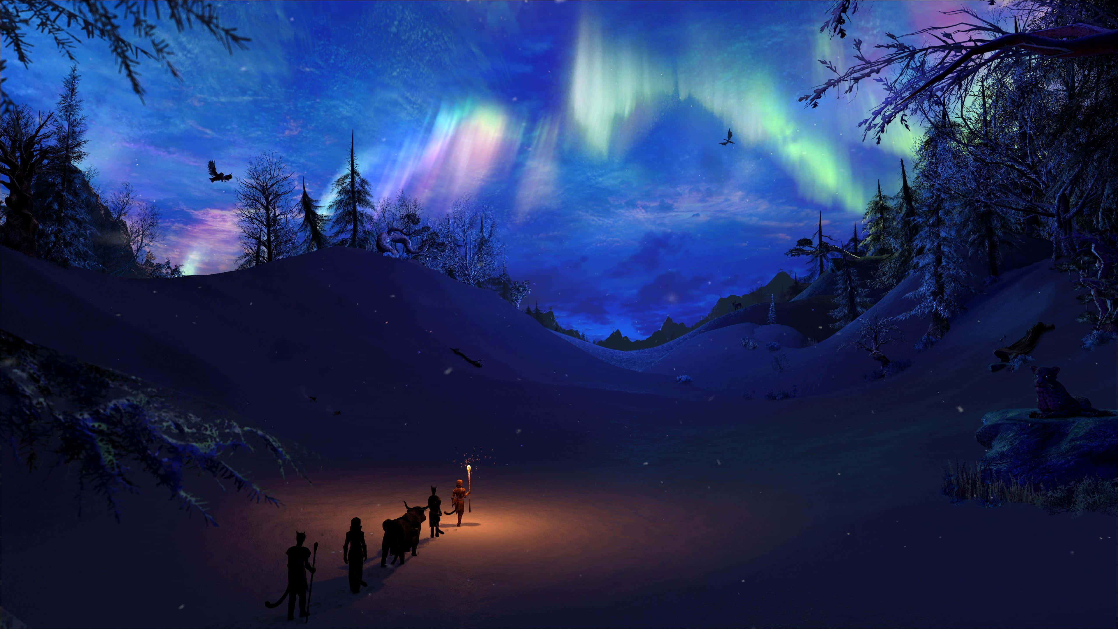 Winter Art, caravan, torchlight, 4K Desktop Wallpaper