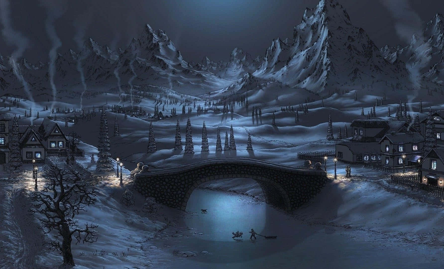 snowy mountain village, glowing windows, stone bridge, HD Desktop Wallpaper