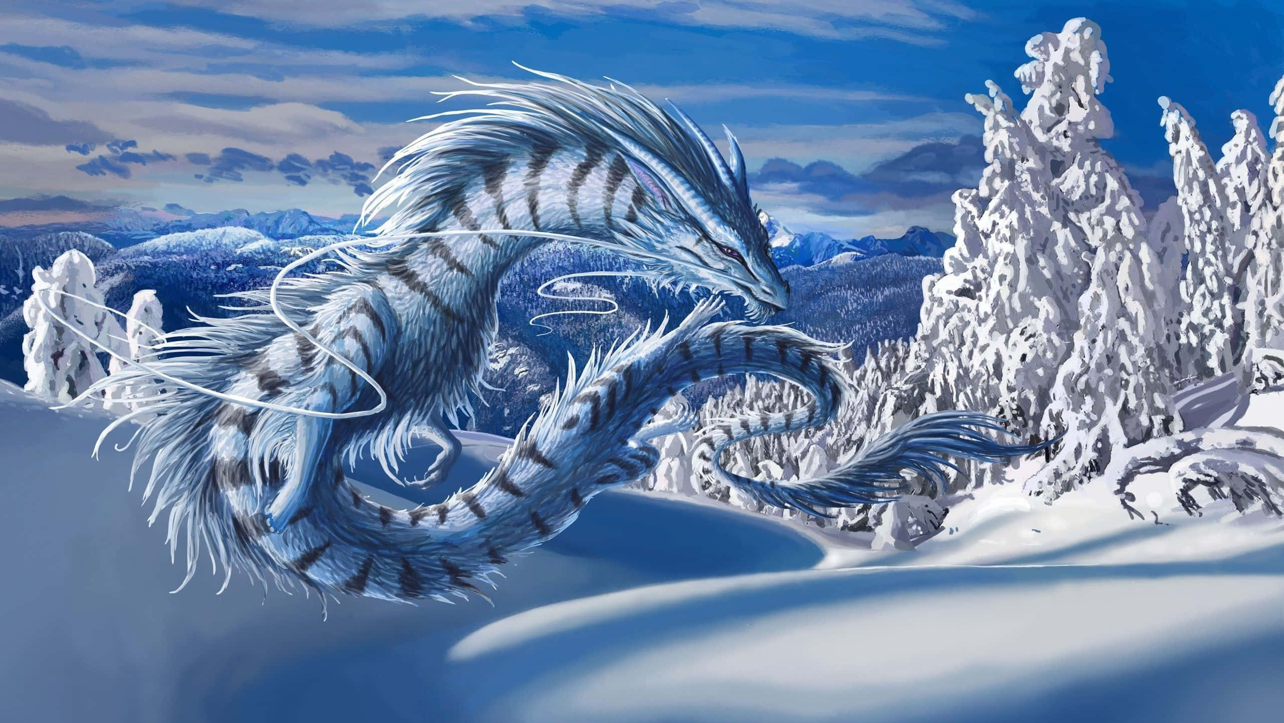 Majestic Winter Wonderland Scene, blue and white striped dragon, snowy mountain landscape, 2K Desktop Wallpaper