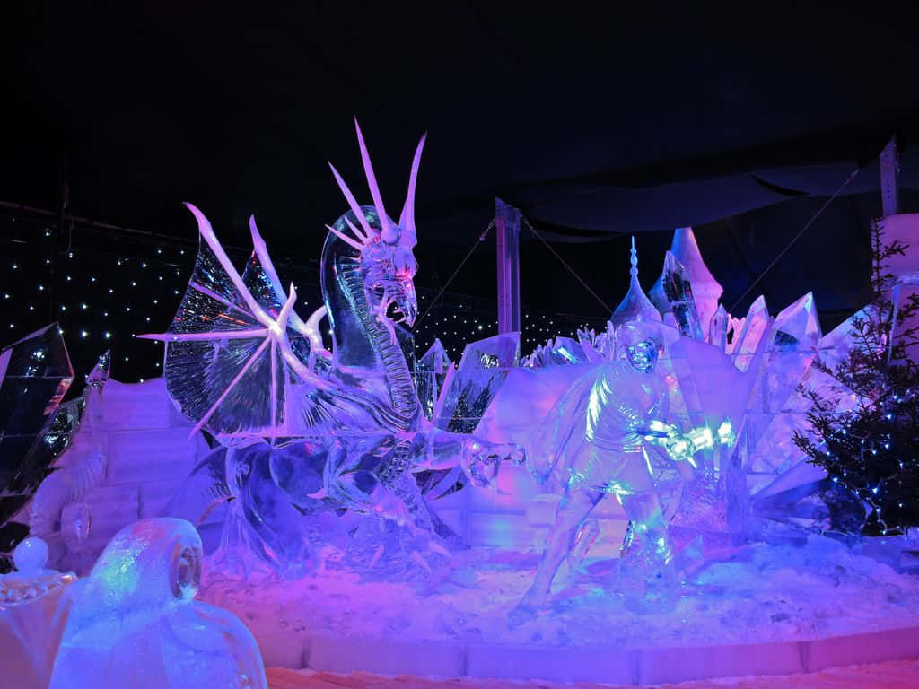 ice dragon, knight sculpture, glowing ice dragon, SD Desktop Wallpaper