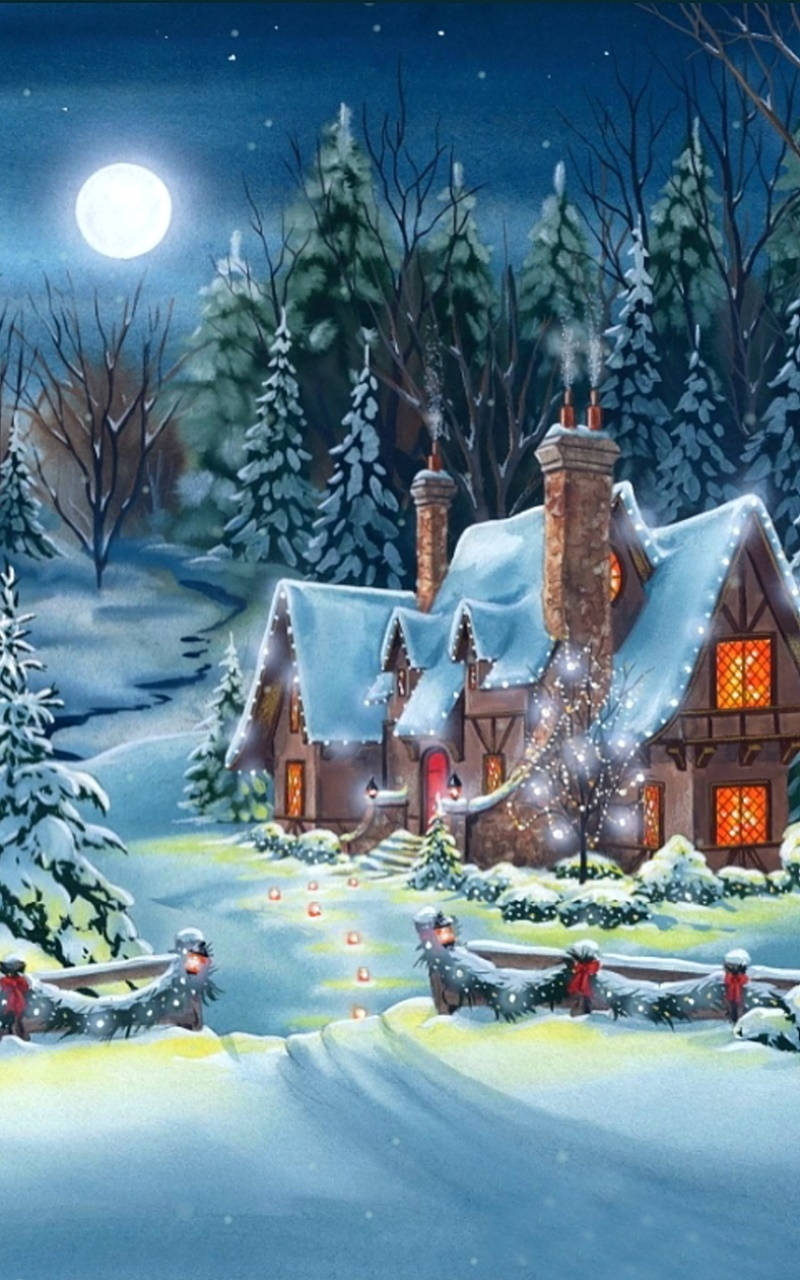 snowy cottage, full moon, winter trees, HD Phone Wallpaper