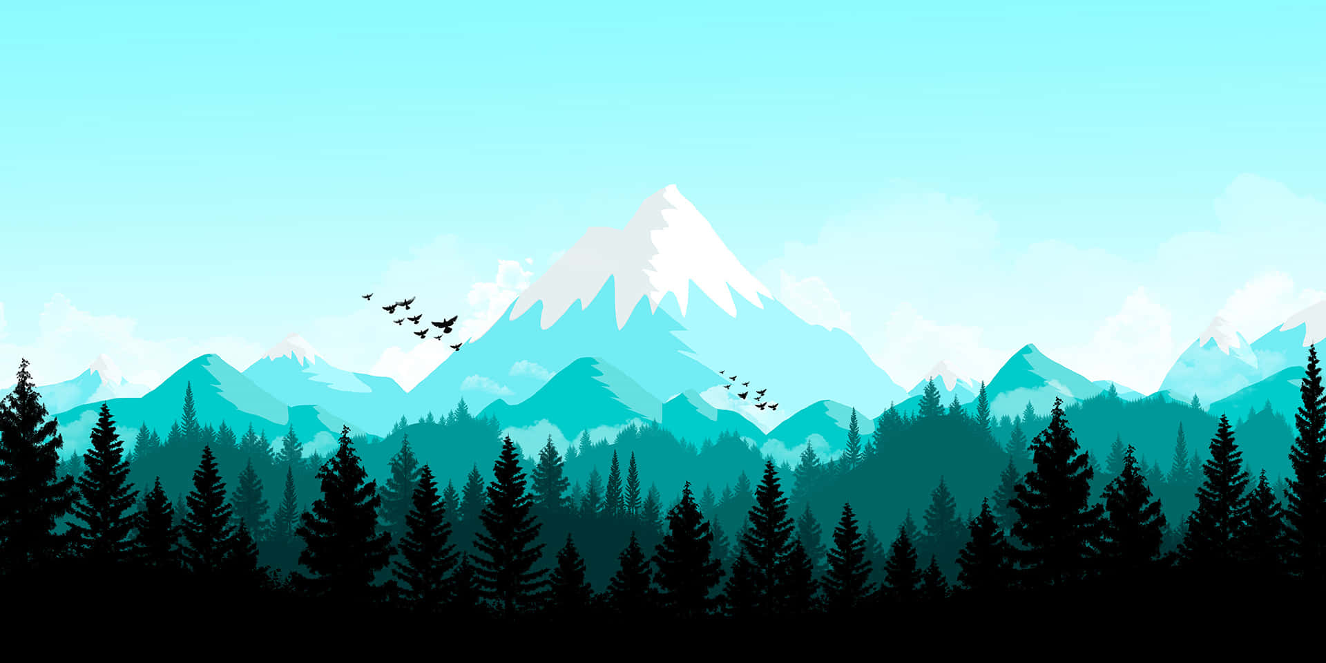 snowy mountain landscape, silhouetted pine trees, snow-capped mountain range, Full HD Desktop Wallpaper