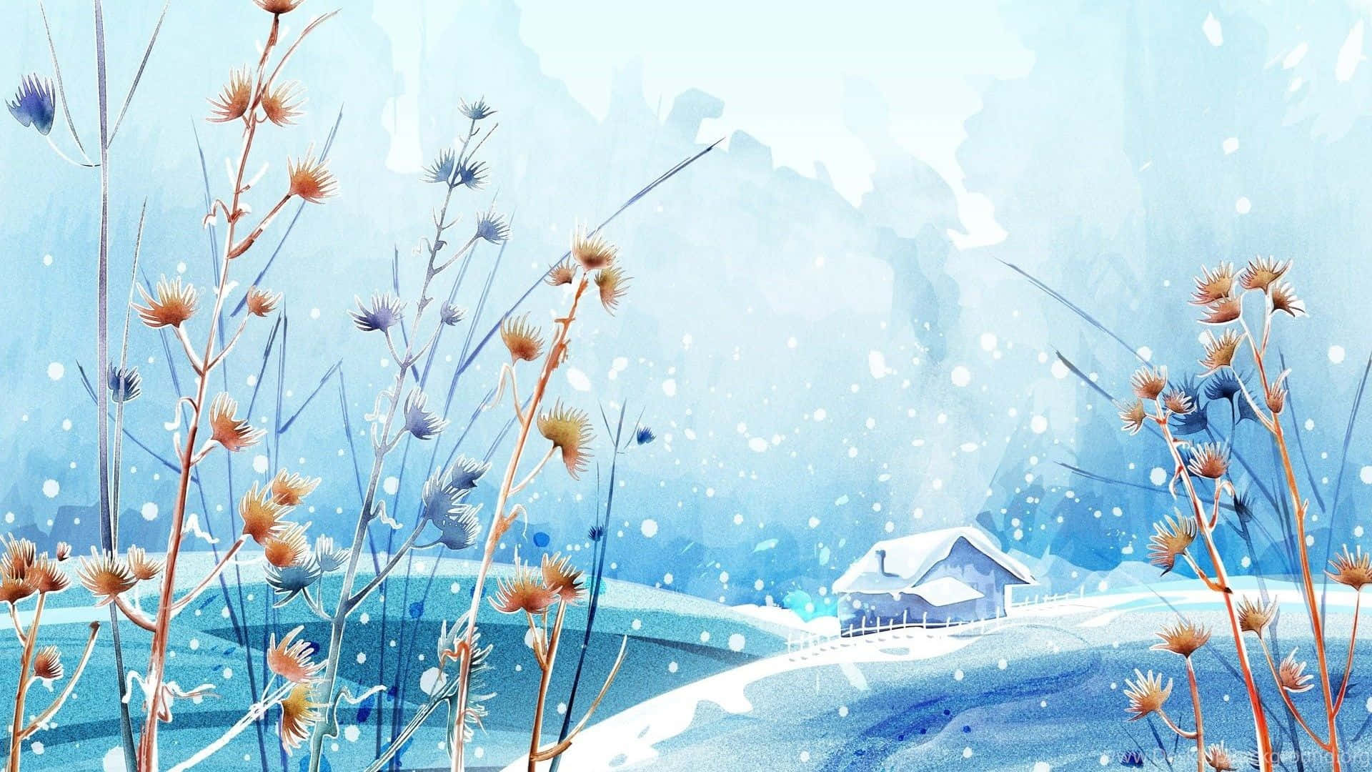 Winter Wonderland Painting, snow-covered hills, lone cottage, Full HD Desktop Wallpaper