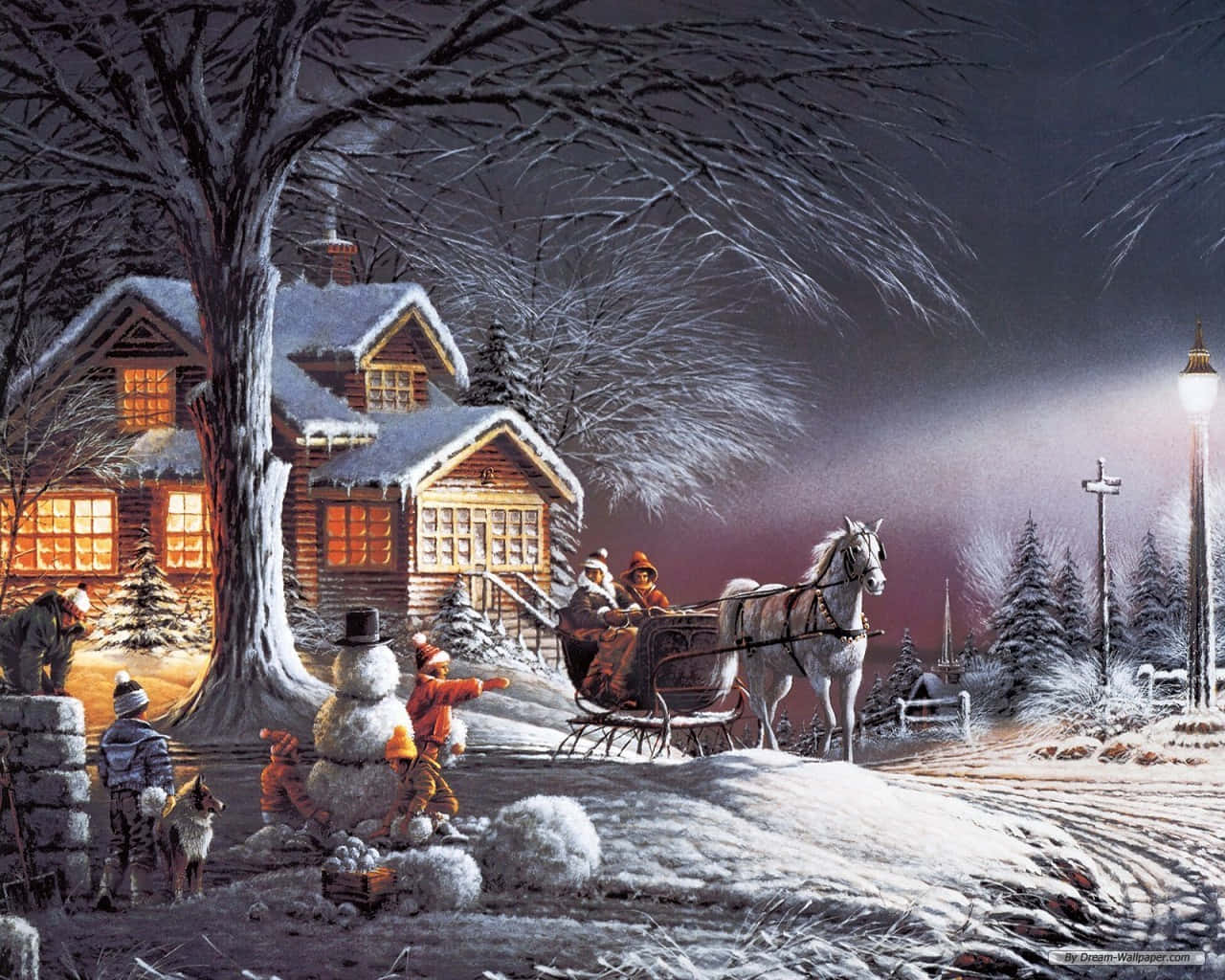 snowy winter night scene, children building a snowman, warmly lit cabin, HD Desktop Wallpaper