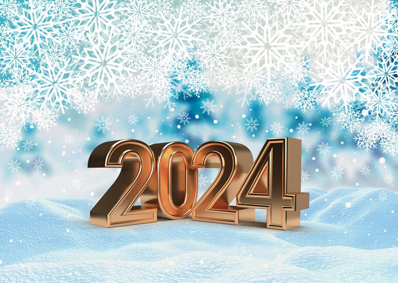 2024, Golden 3D numbers, snowy terrain, HD Desktop Wallpaper