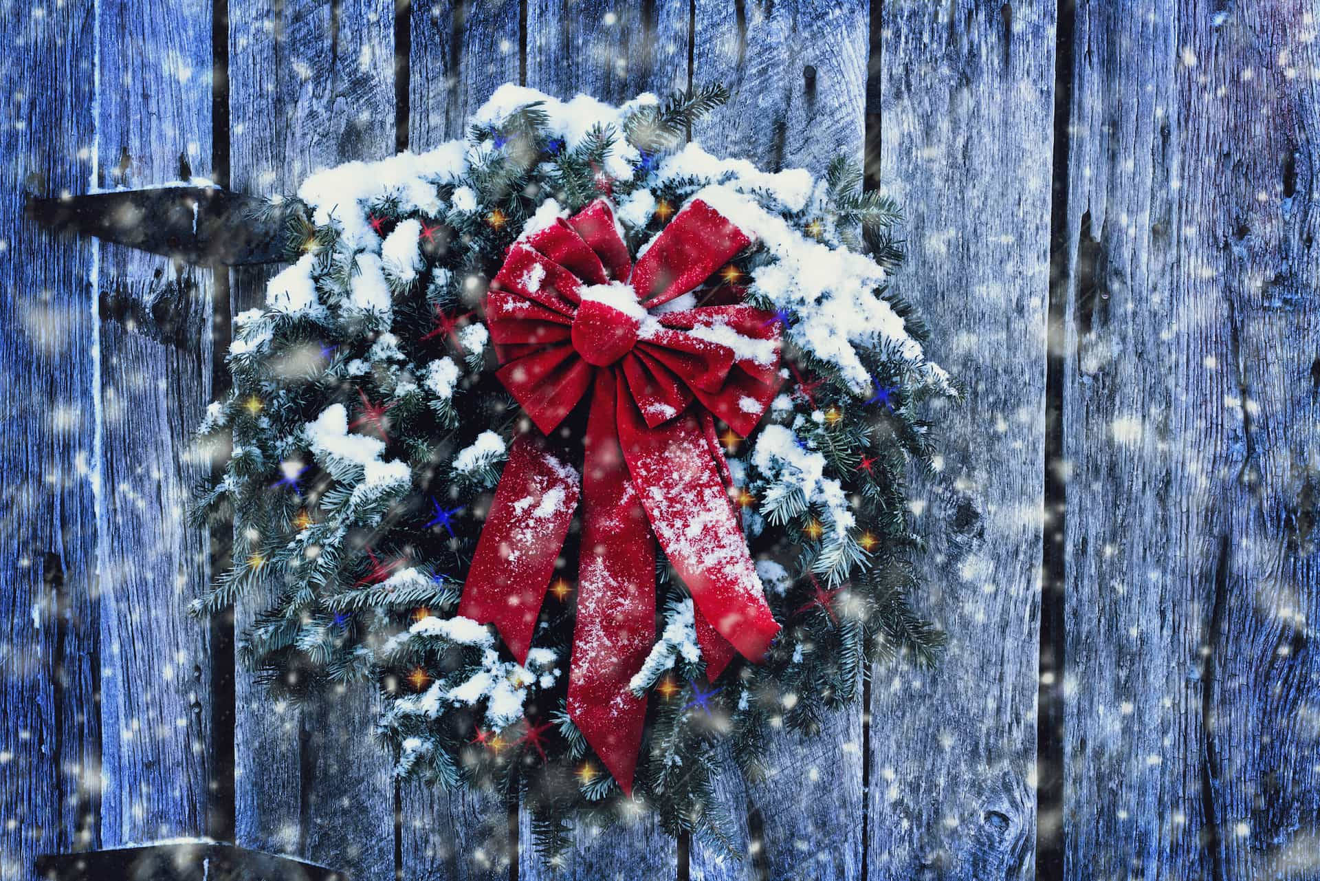 snow-dusted Christmas wreath, red bow, weathered blue wooden door, Full HD Desktop Wallpaper
