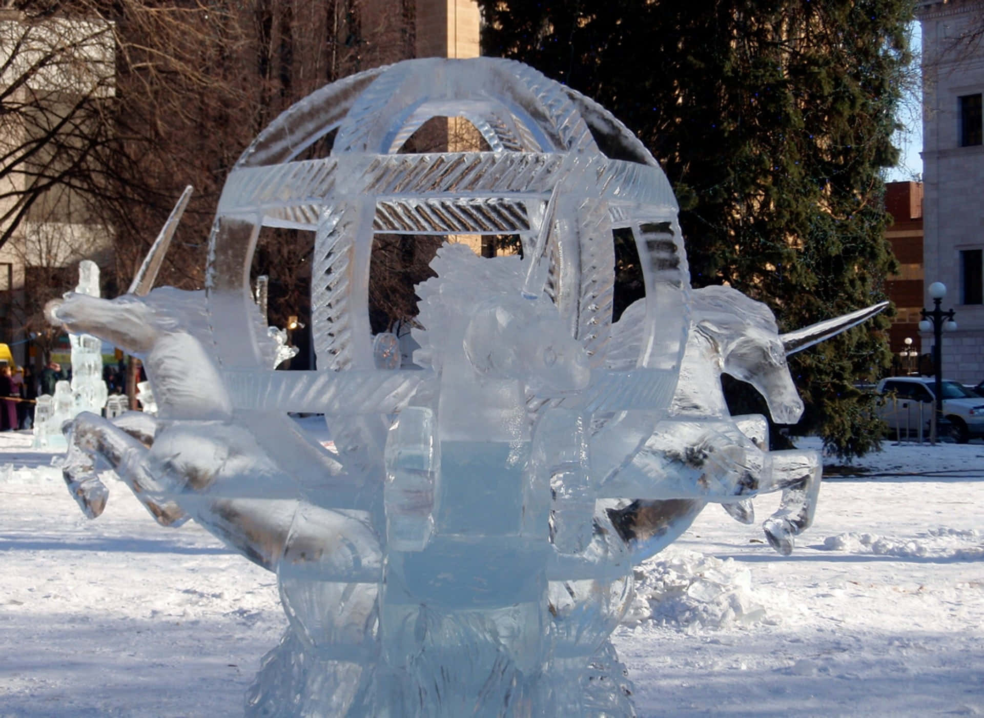 ice sculpture, chariot, unicorns, Full HD Desktop Wallpaper