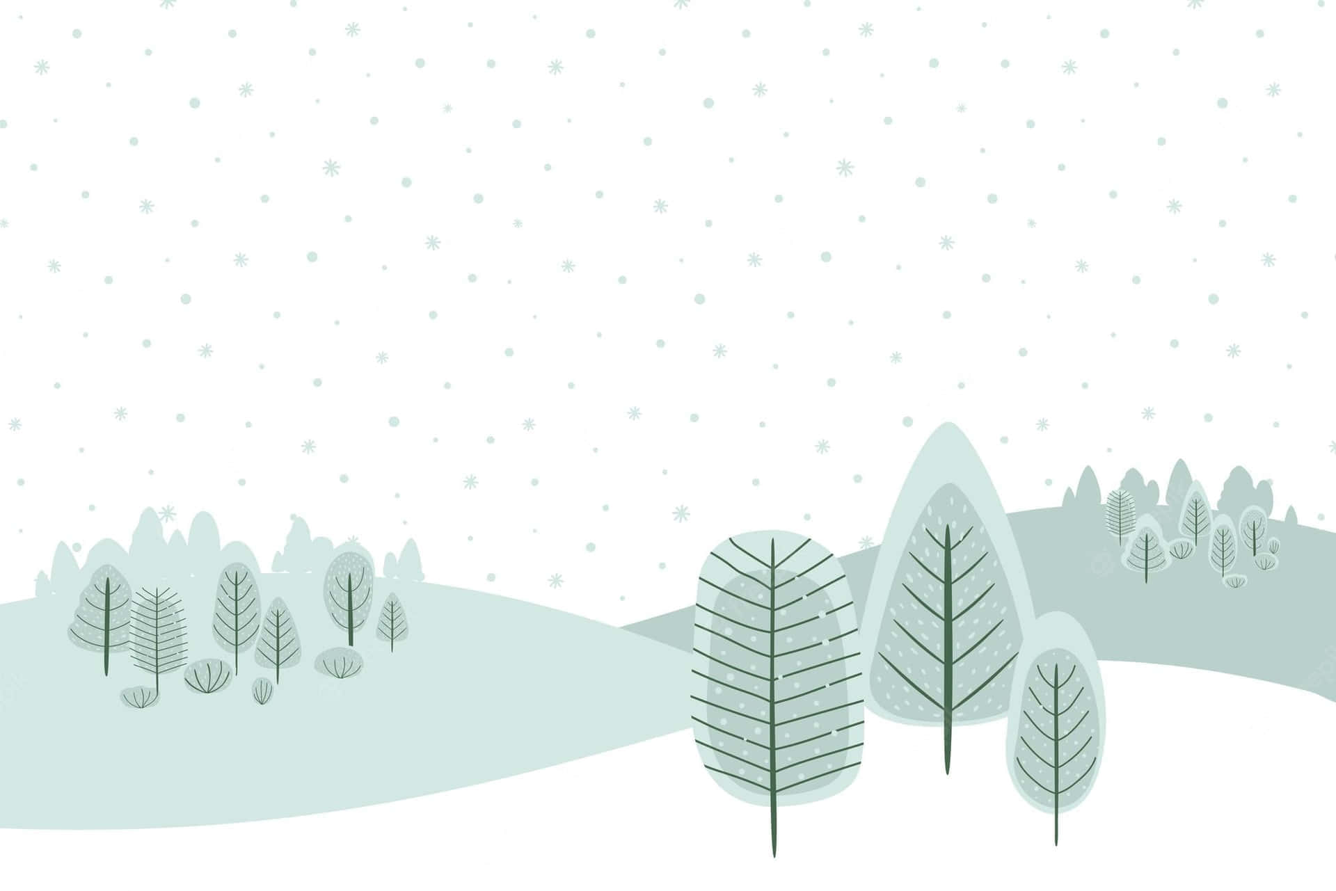 minimalist winter landscape, stylized green trees, soft hills, Full HD Desktop Wallpaper