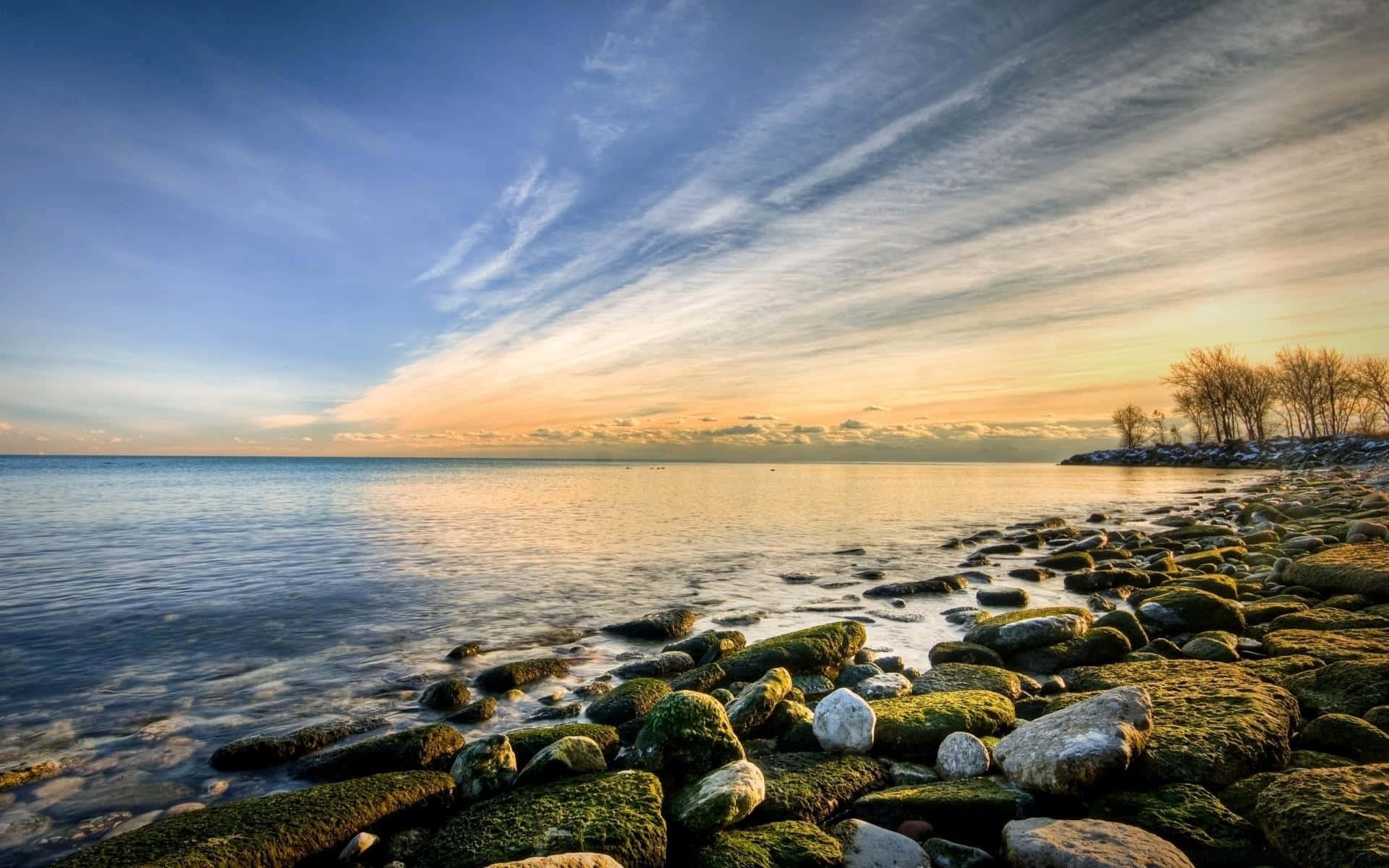 Winter Beach, sunset, warm golds and blues, Full HD Desktop Wallpaper