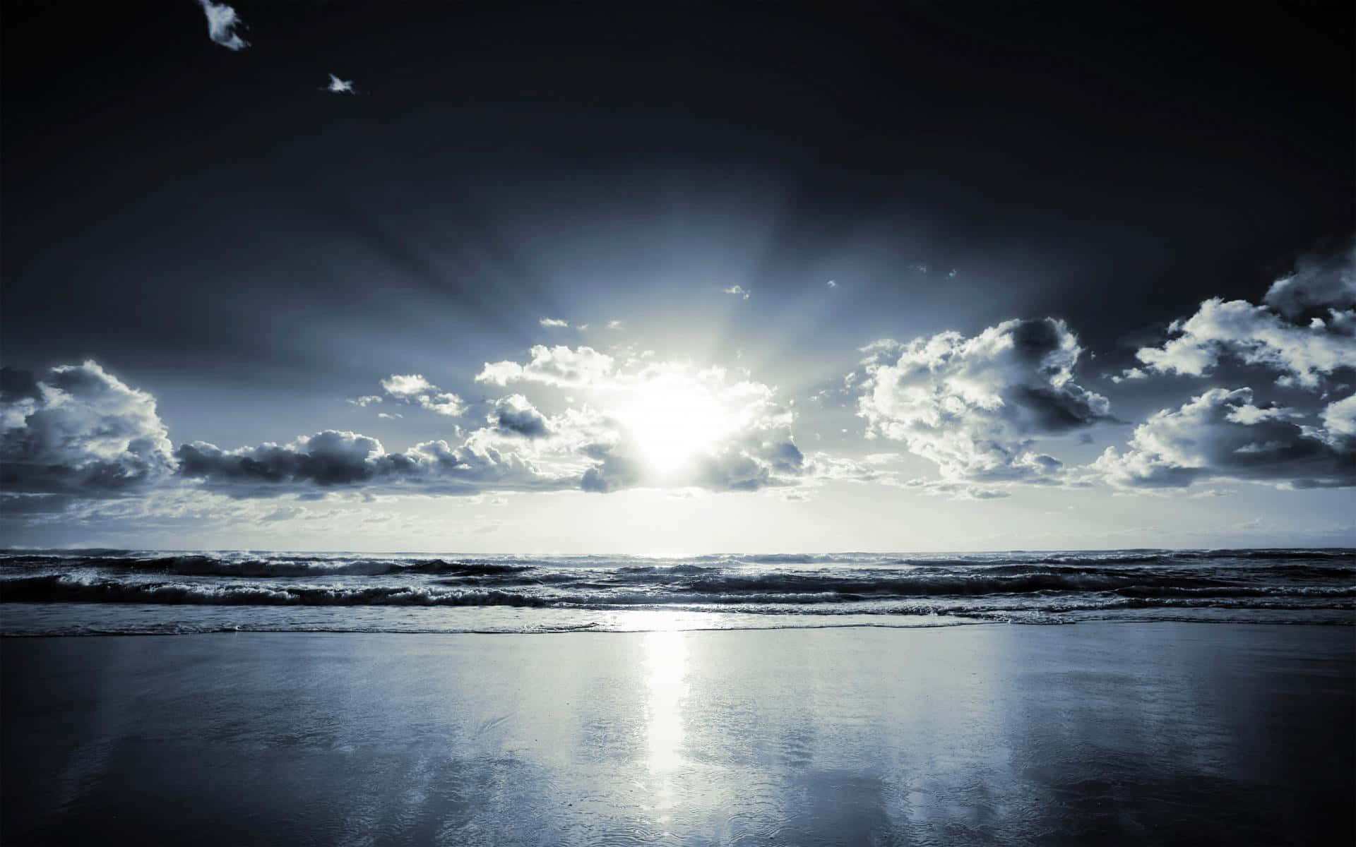 Winter Beach, sunburst, dark storm clouds, Full HD Desktop Wallpaper