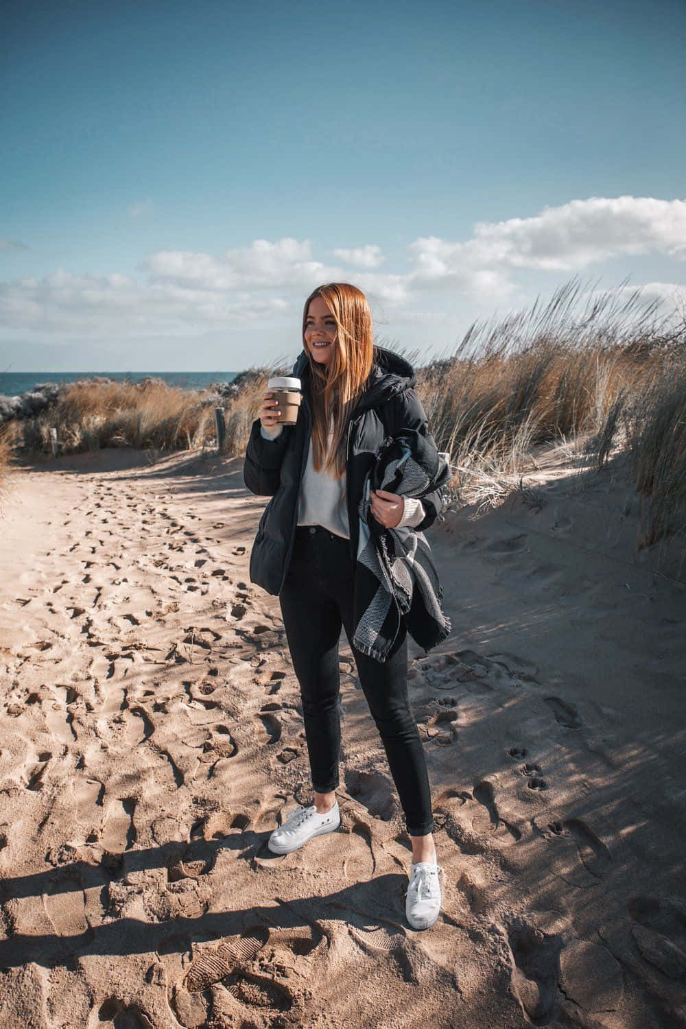 winter beach, sunlit sandy dune path, red hair, HD Phone Wallpaper
