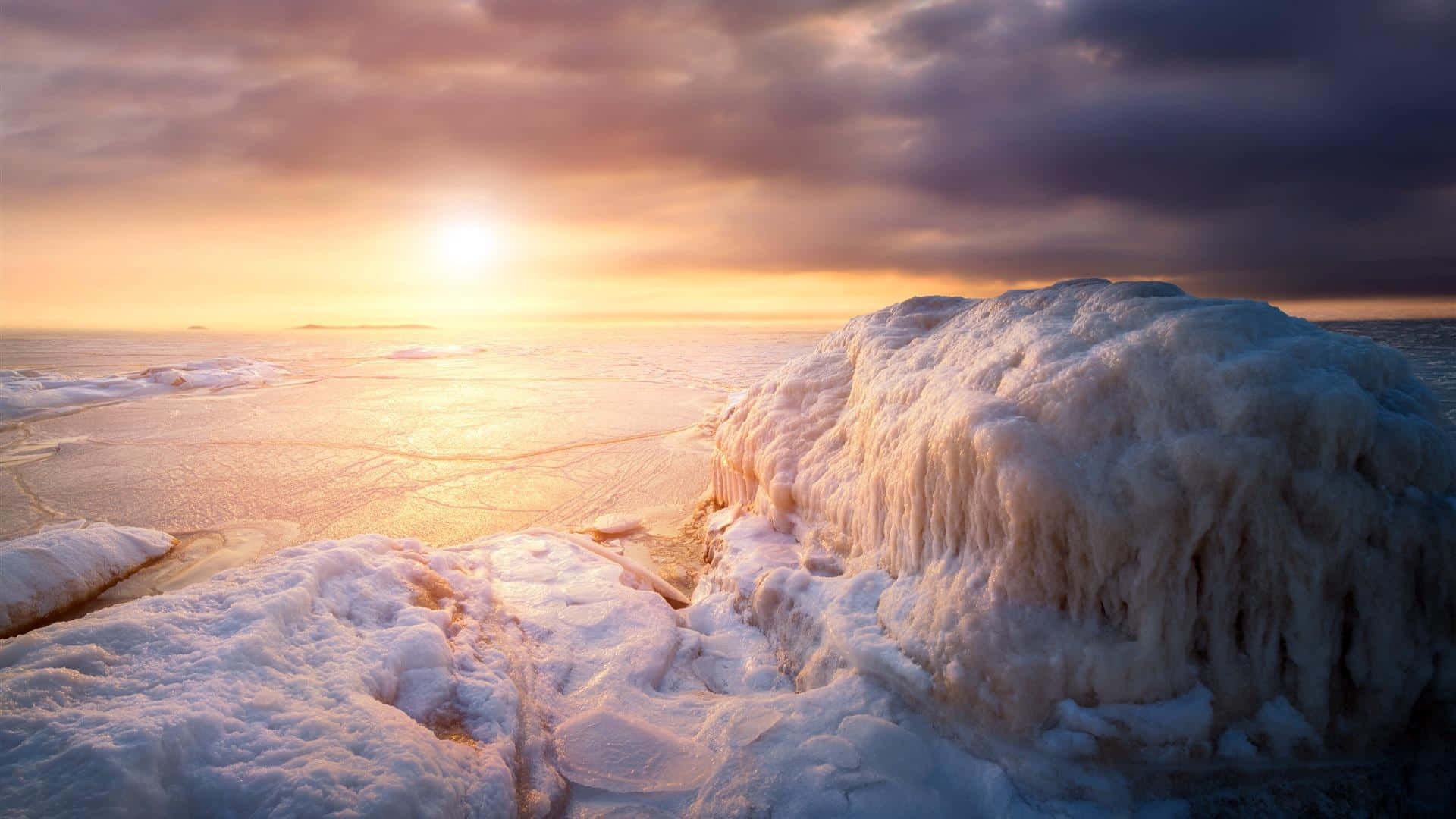 Winter Beach, Sunset, icy waters, Full HD Desktop Wallpaper