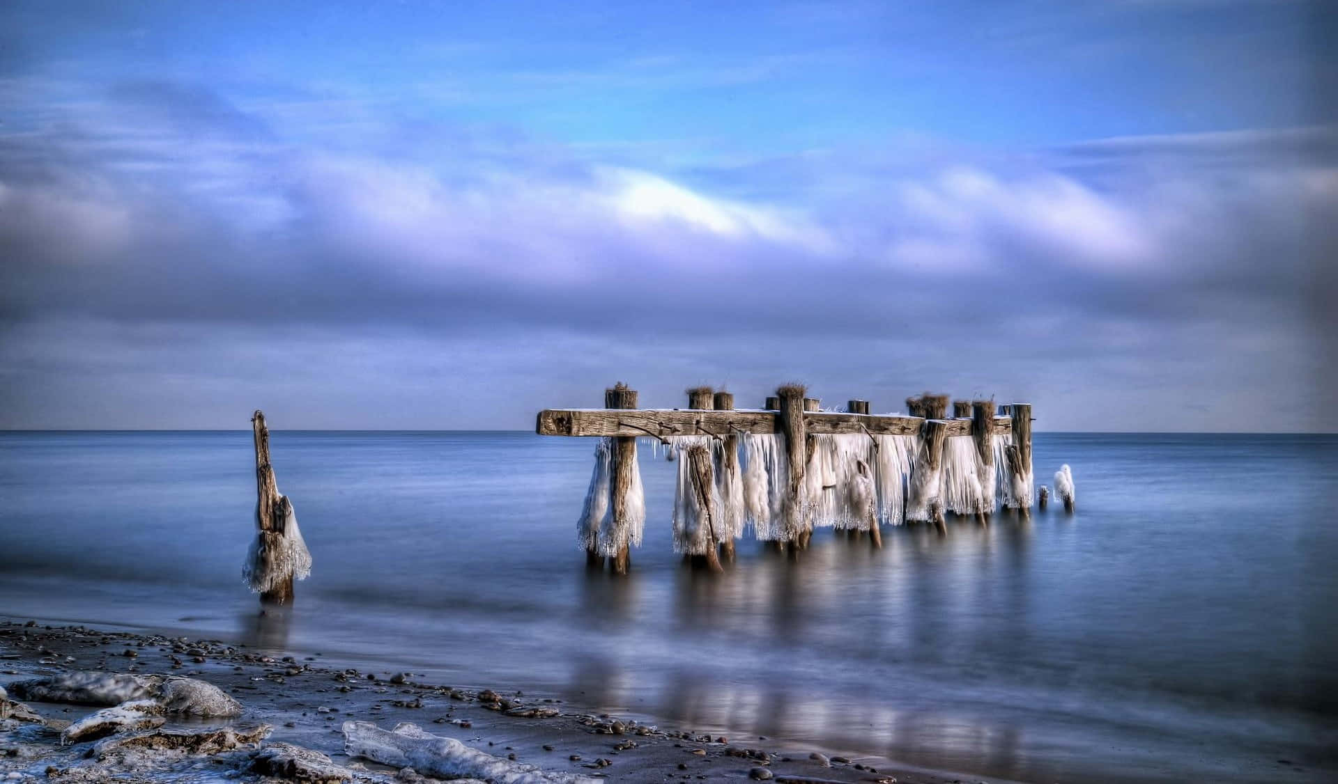 Winter Beach, frozen pier remnants, calm waters, Full HD Desktop Wallpaper
