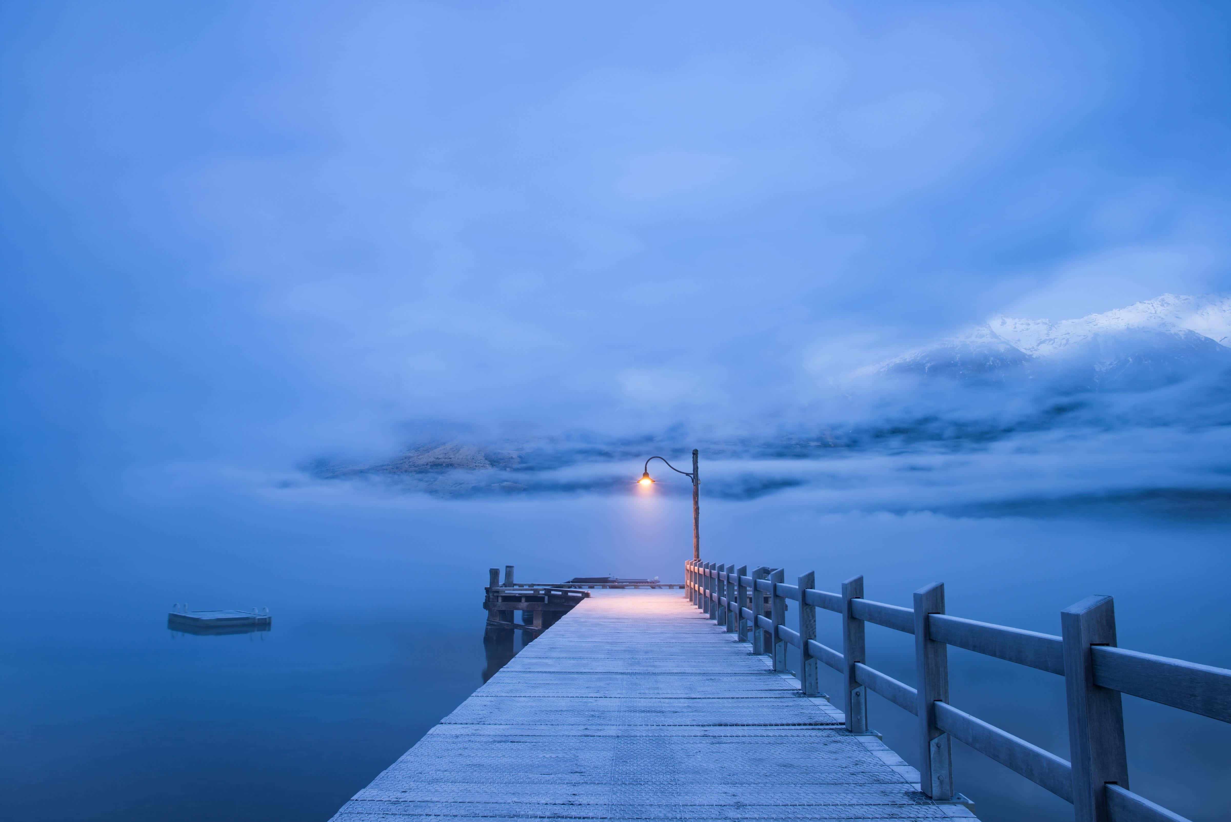 Winter Beach, wooden pier, misty lake, 4K Desktop Wallpaper