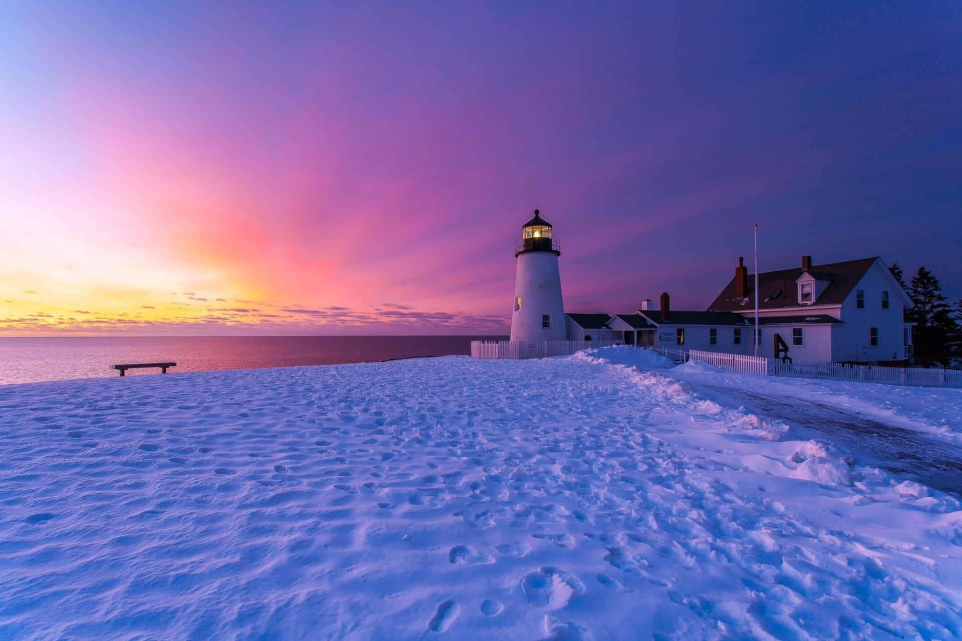 winter beach, snowy lighthouse, vibrant purple and orange sunset sky, Full HD Desktop Wallpaper