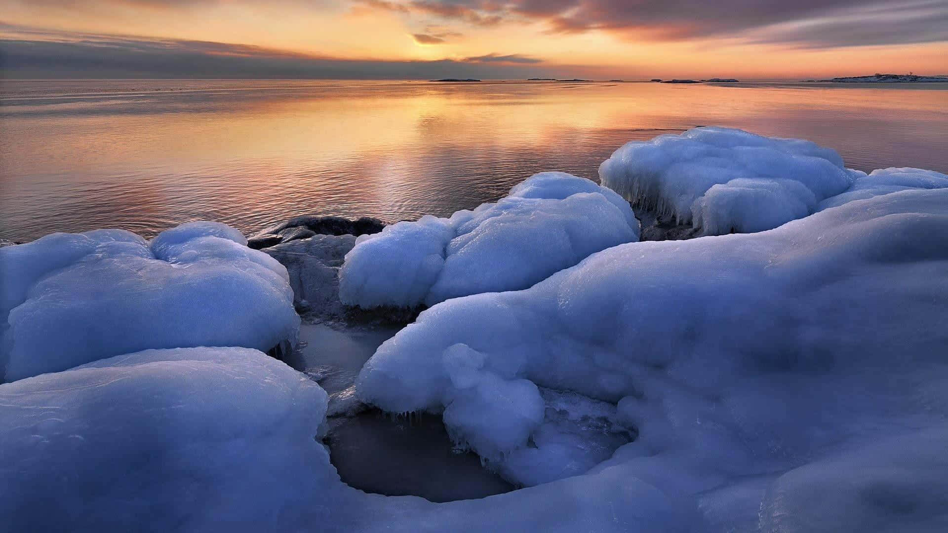 Winter Beach, sunrise, icy rocks, Full HD Desktop Wallpaper
