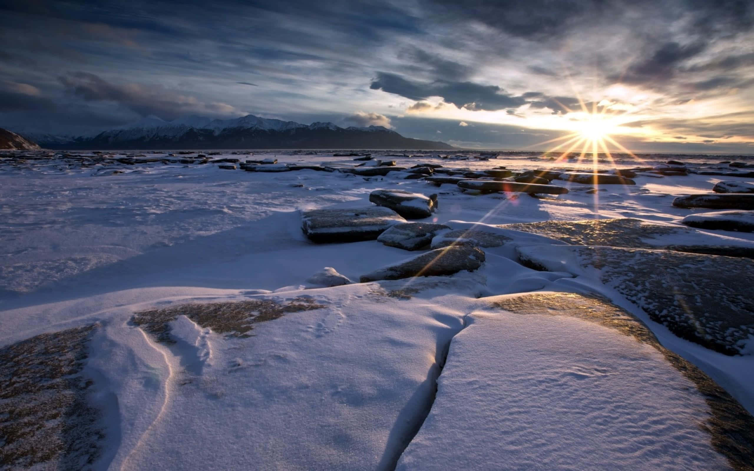 Winter Beach, sunburst, snowy ice floes, 2K Desktop Wallpaper
