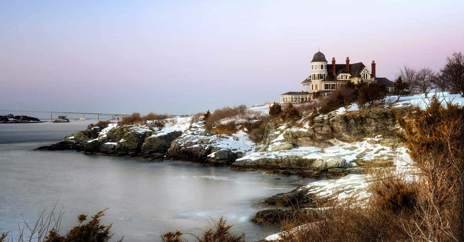 Victorian house, snow-dusted cliff, calm winter sea, HD Desktop Wallpaper