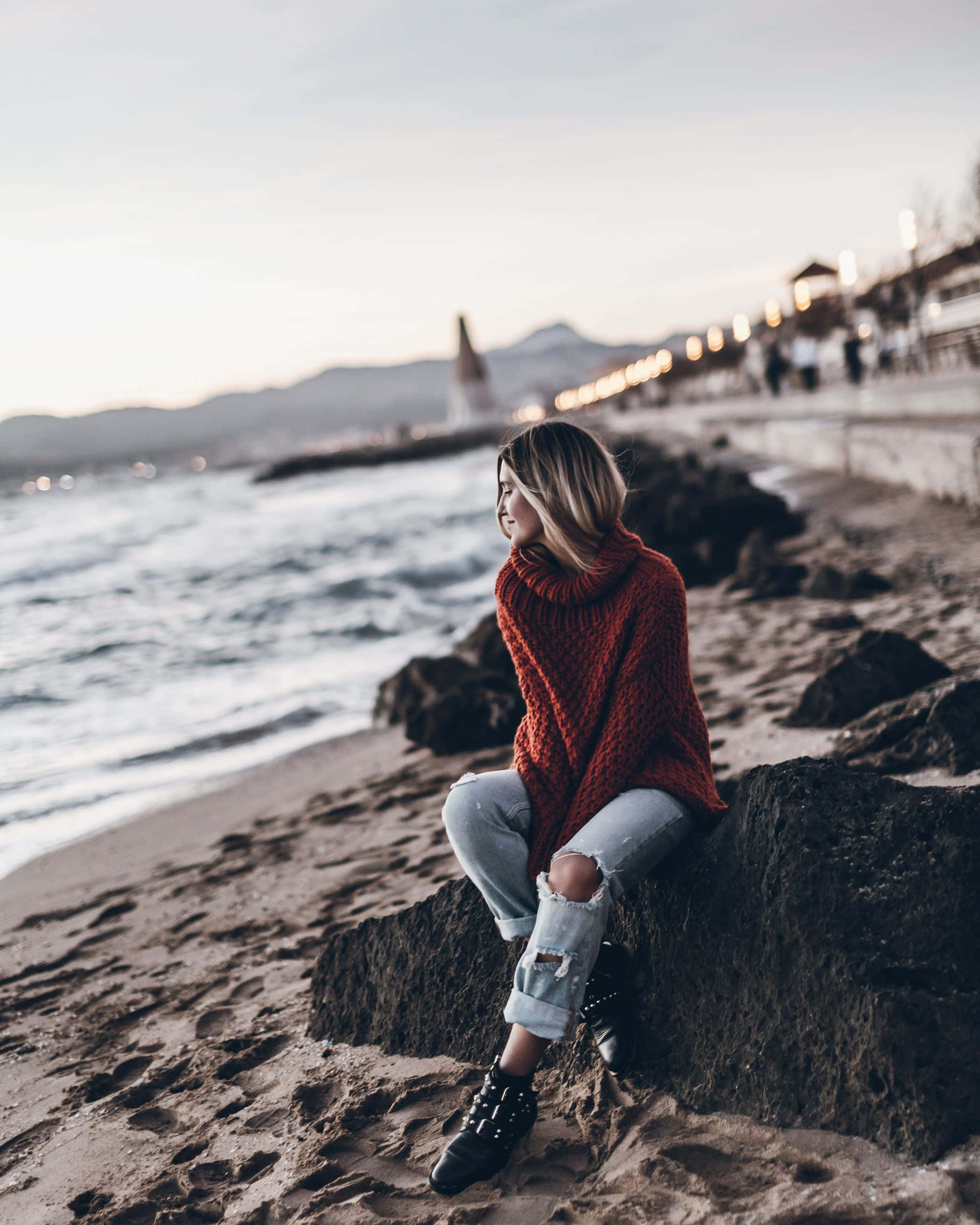 Winter Beach, dusk, rocky beach, 2K Phone Wallpaper