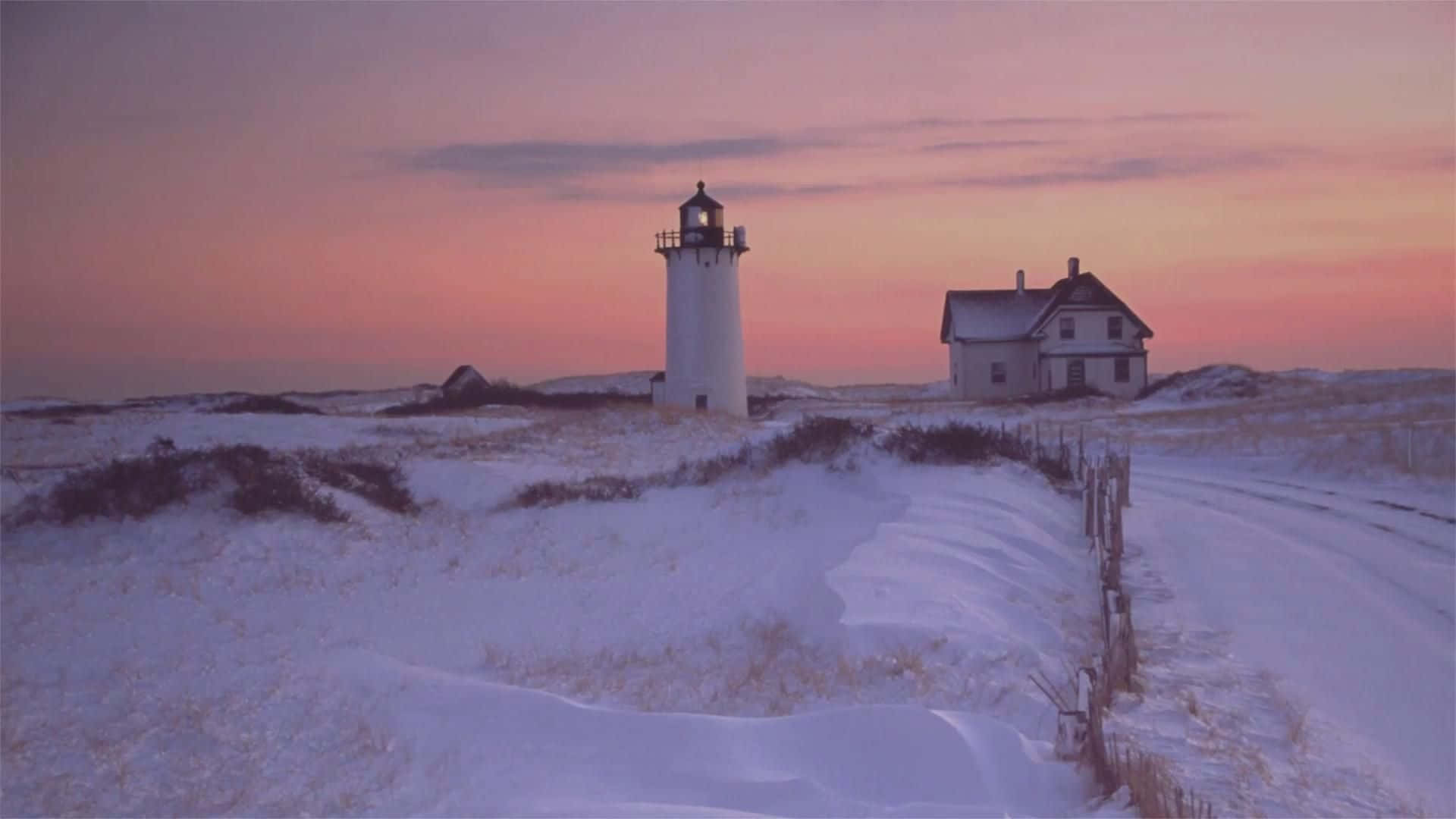 winter beach, snow-covered lighthouse, keeper's house, Full HD Desktop Wallpaper