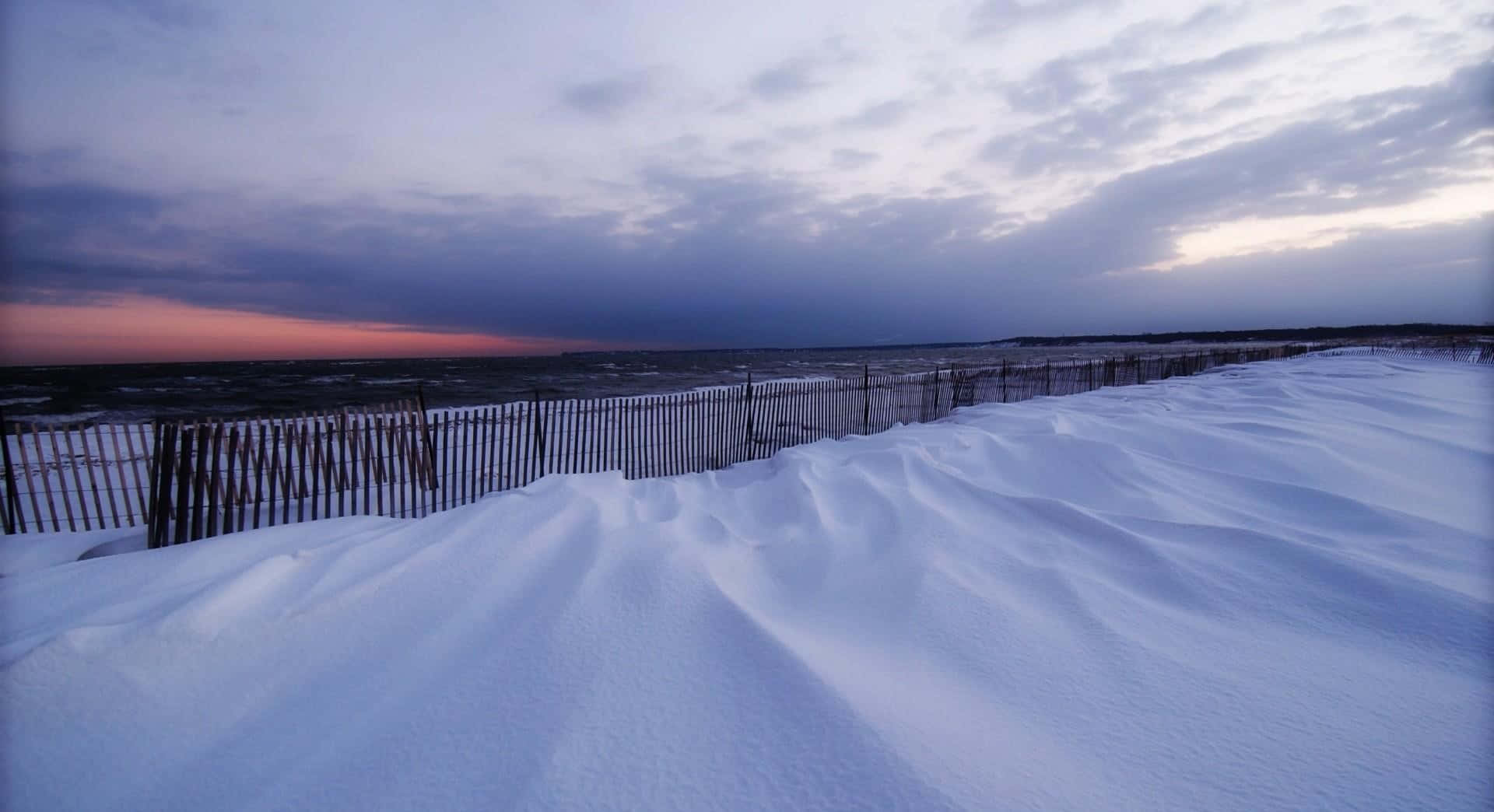 Winter Beach, snow-covered dune, wooden fence, Full HD Desktop Wallpaper