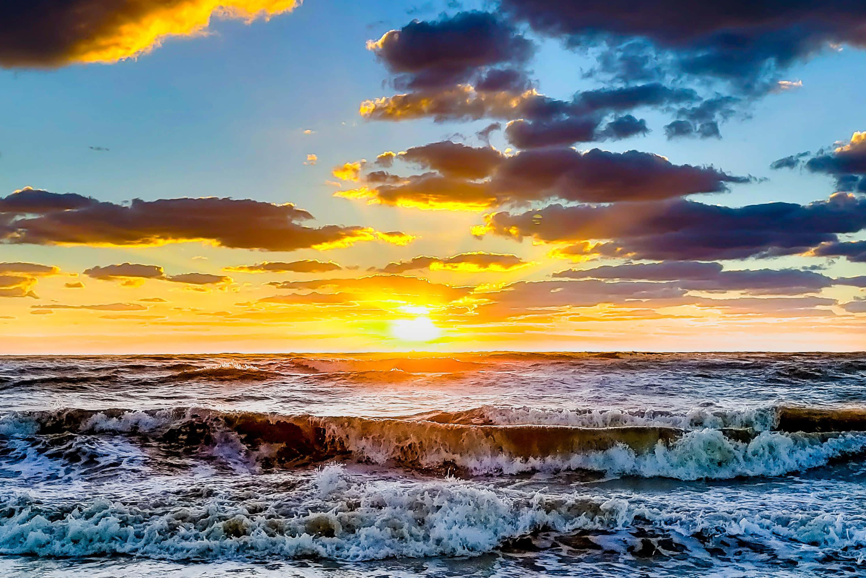 Winter Beach, sunset, fiery orange, 2K Desktop Wallpaper