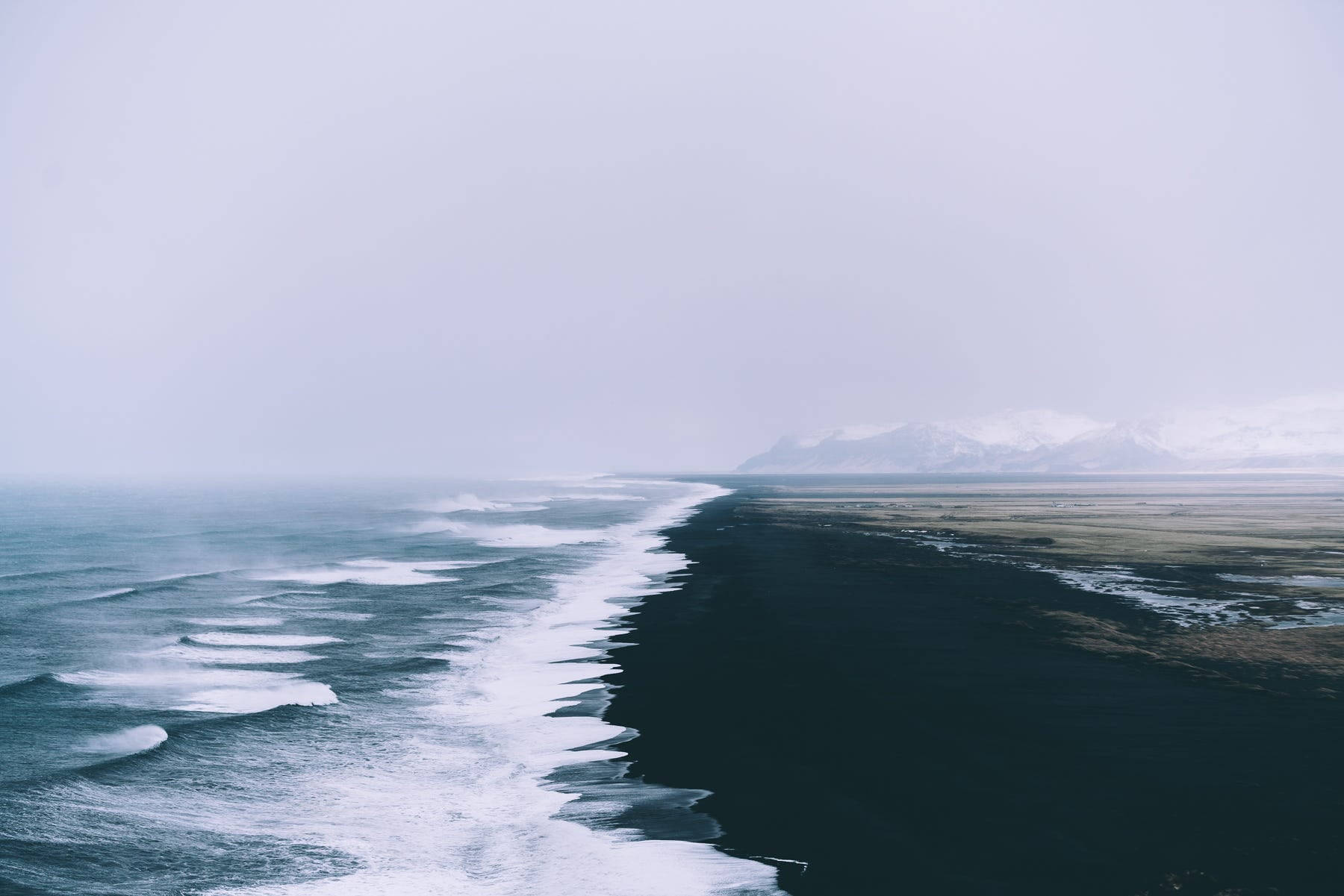 Winter Sea, black sand beach, crashing ocean waves, HD Desktop Wallpaper