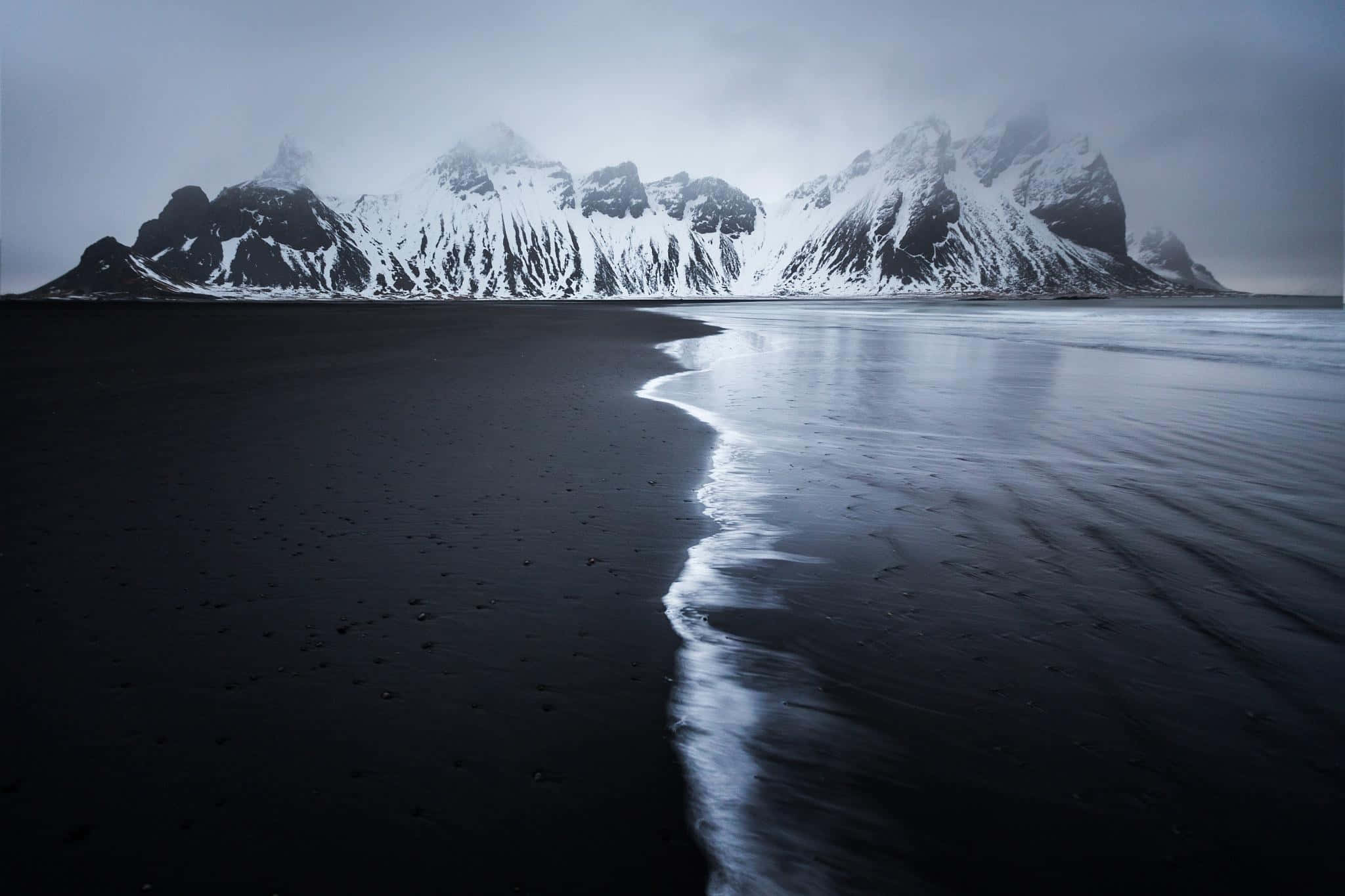 Winter Beach, black sand beach, snow-capped mountains, Full HD Desktop Wallpaper