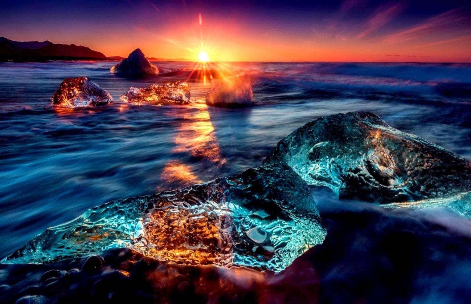Icy Sunset Ocean, sunset, icebergs, HD Desktop Wallpaper