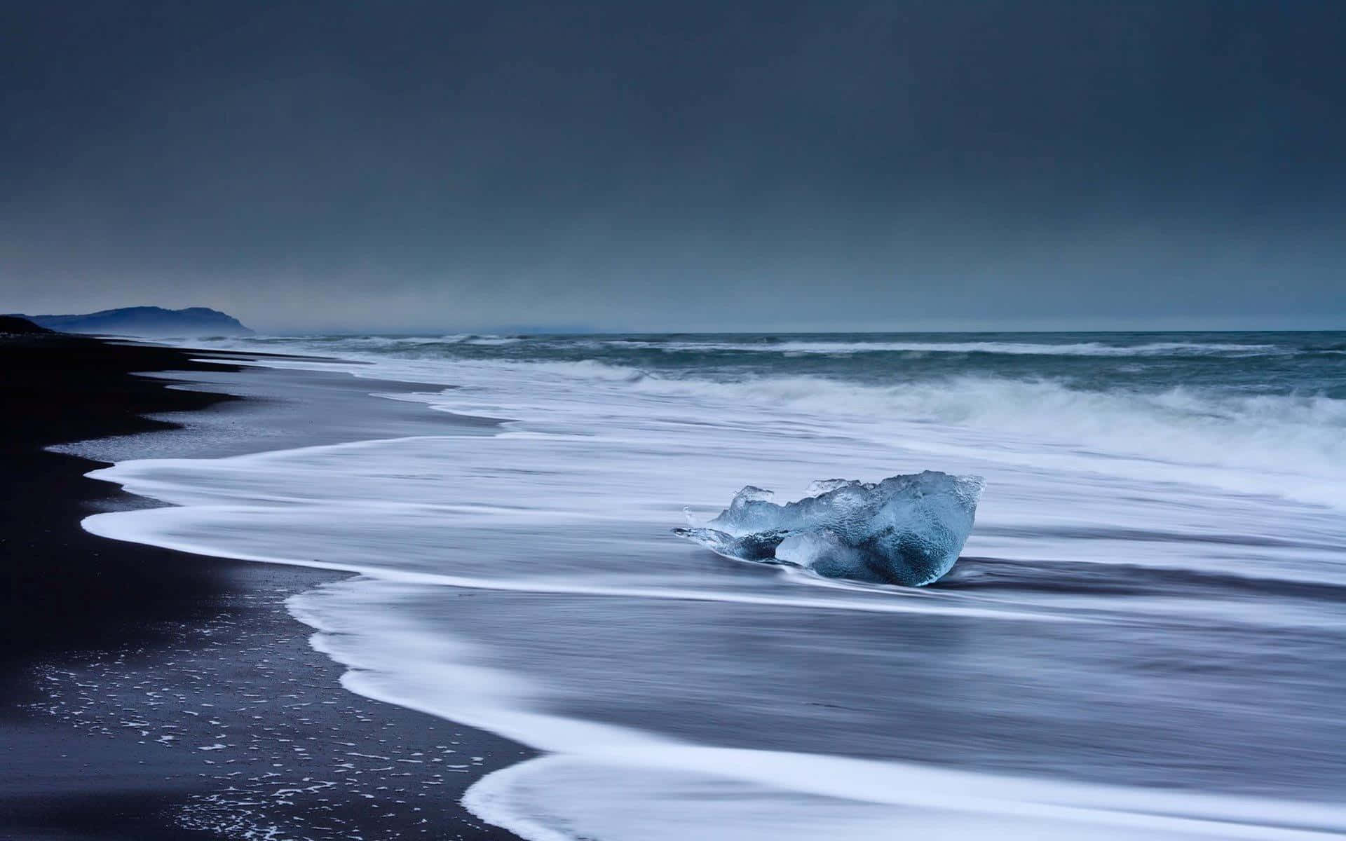 Winter Beach, translucent blue iceberg, black volcanic beach, Full HD Desktop Wallpaper