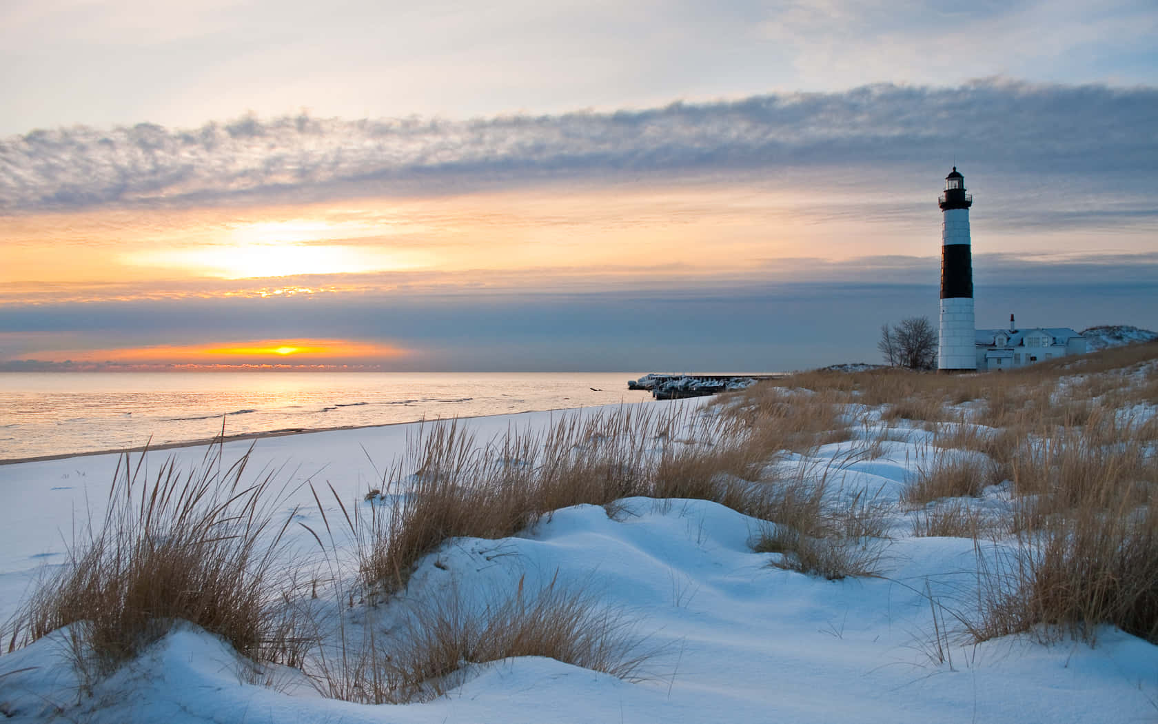 Winter Beach, snowy beach, sunset, HD Desktop Wallpaper