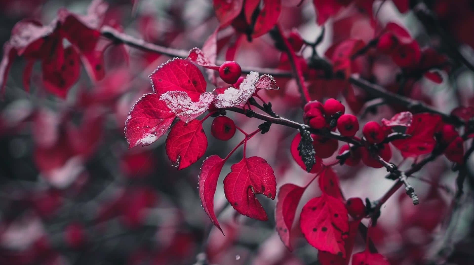 Burgundy Leaveswith Snow, vibrant red leaves, berries, Full HD Desktop Wallpaper