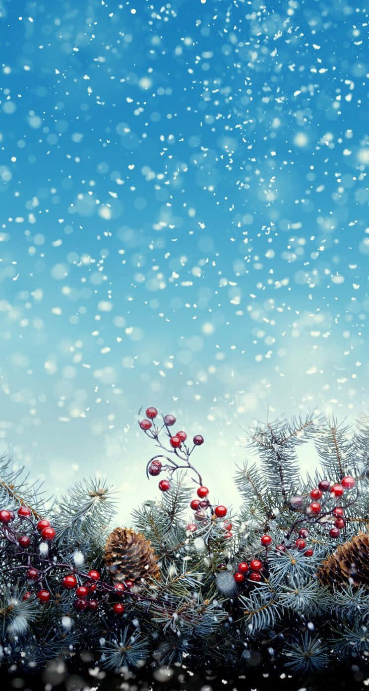 snowy background, pine cones, berries, HD Phone Wallpaper
