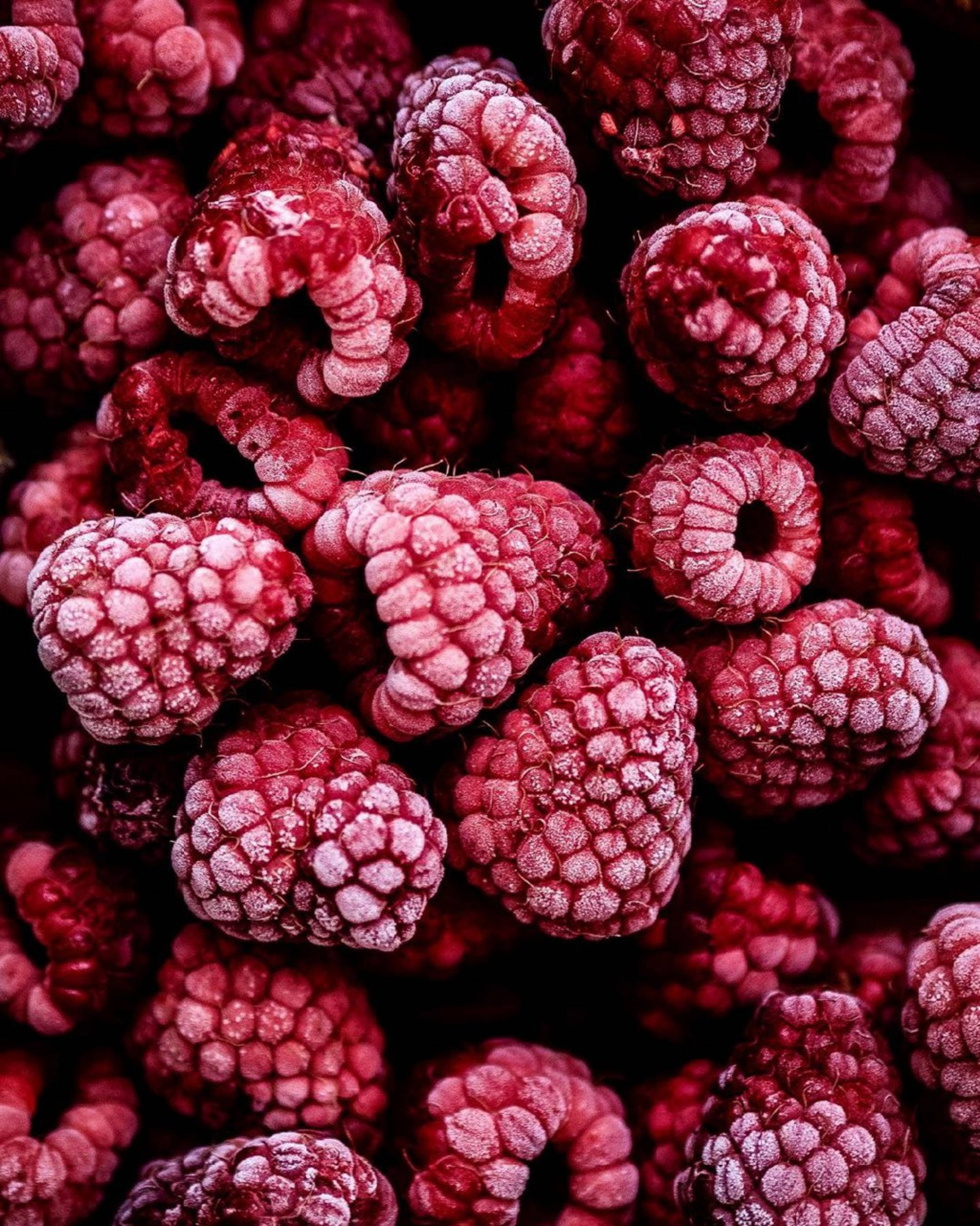frozen raspberry fruit, plump frozen raspberries, dusted with frost, 2K Phone Wallpaper